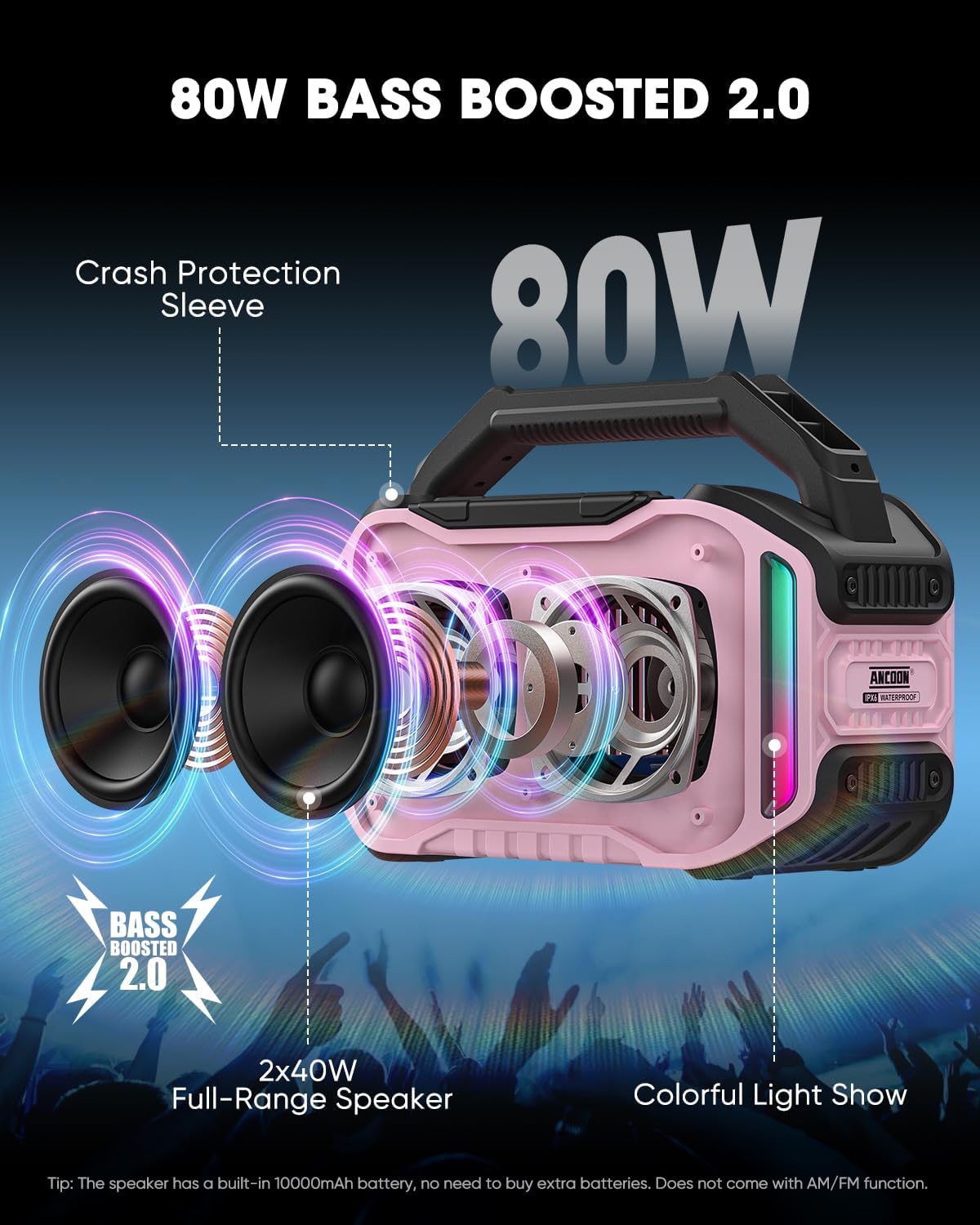 PARLANTE PORTÁTIL ANCOON BLUETOOTH 80W IPX6 ROSA - 2