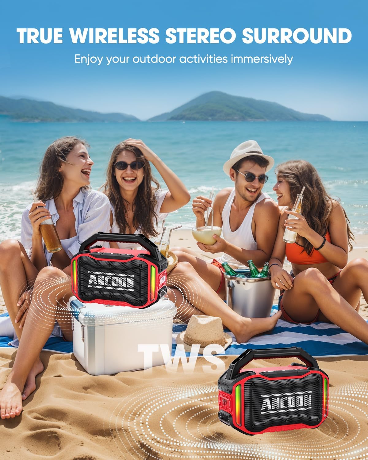 PARLANTE PORTÁTIL ANCOON BLUETOOTH 80W IPX6 ROJO - 5