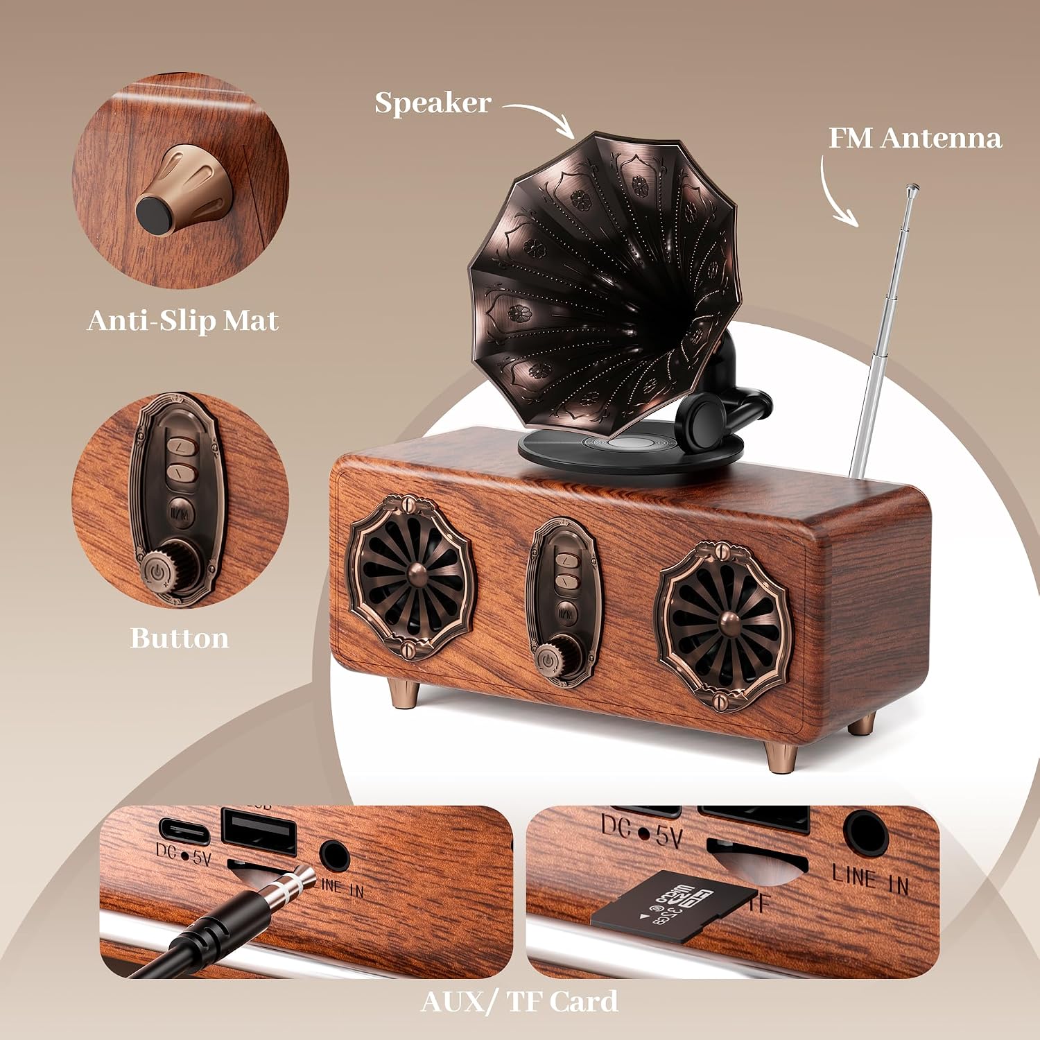 PARLANTE BLUETOOTH RETRO ASXILL CON RADIO FM Y DISEÑO DUAL - 5