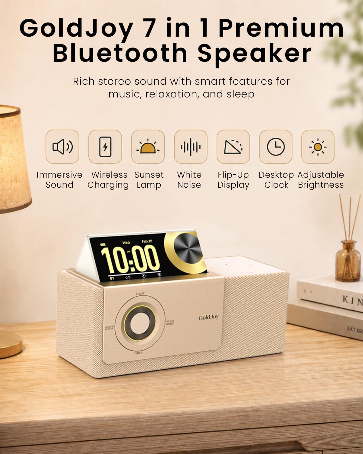 PARLANTE BLUETOOTH GOLDJOY 7 EN 1 BEIGE CON ESTACIÓN DE CARGA INALÁMBRICA - 2