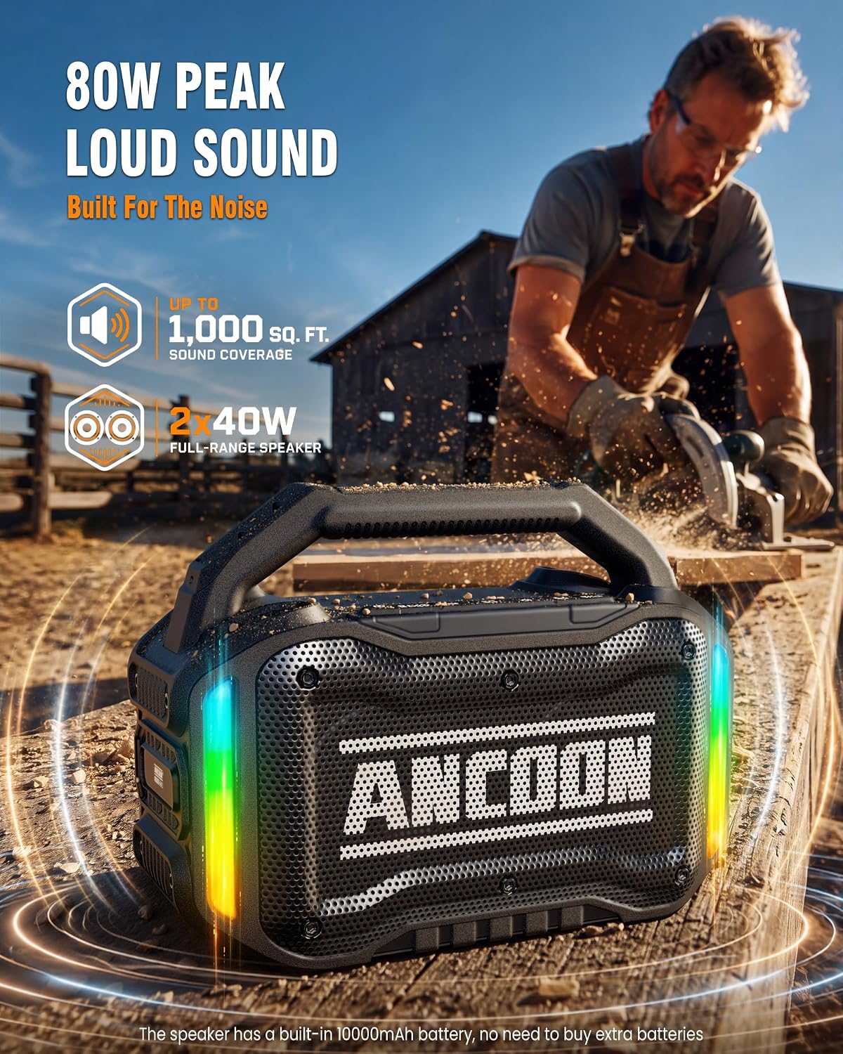 PARLANTE PORTÁTIL ANCOON BLUETOOTH 80W CON BASS Y RESISTENCIA IPX6 - 2