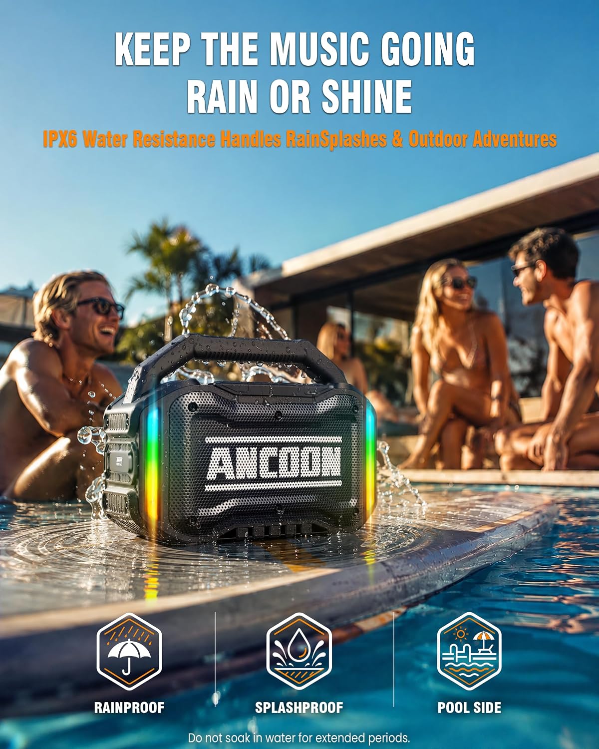 PARLANTE PORTÁTIL ANCOON BLUETOOTH 80W CON BASS Y RESISTENCIA IPX6 - 4