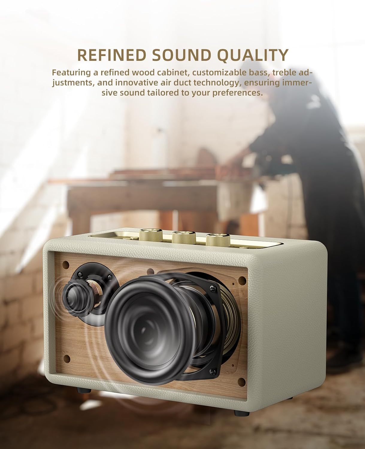 PARLANTE PORTÁTIL MLOVE A200 BLUETOOTH RETRO BLANCO Y DORADO - 3