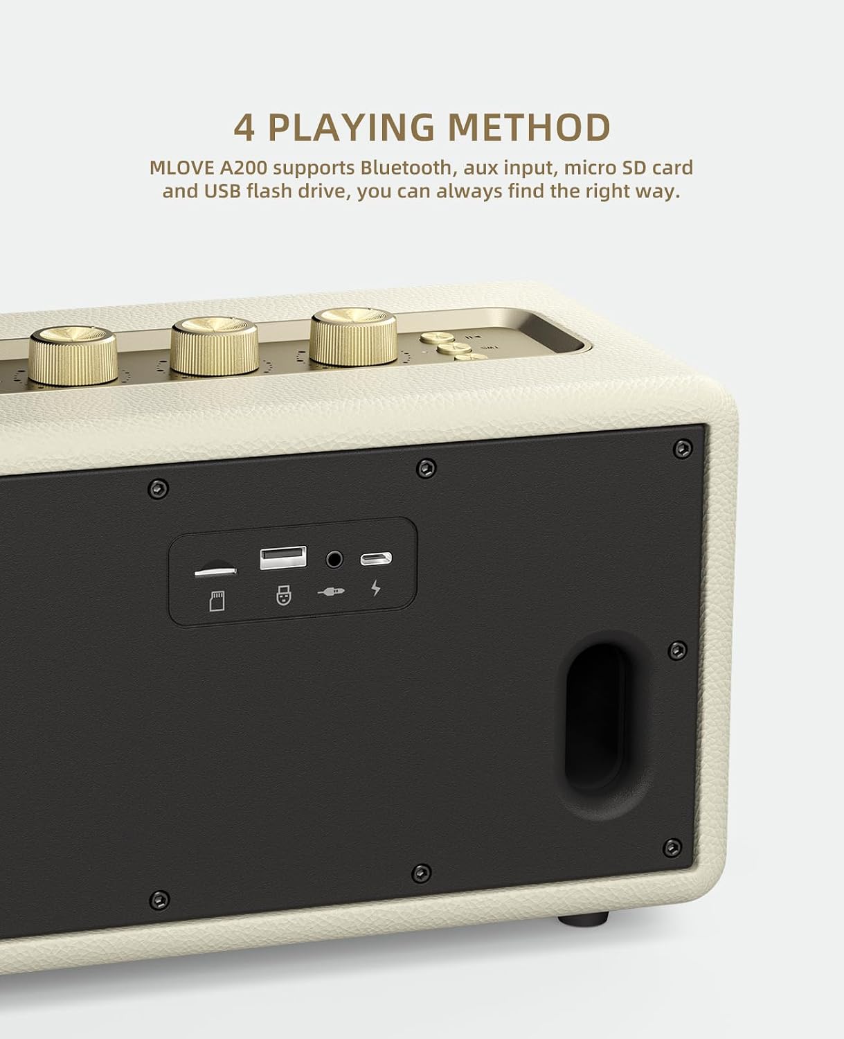 PARLANTE PORTÁTIL MLOVE A200 BLUETOOTH RETRO BLANCO Y DORADO - 4