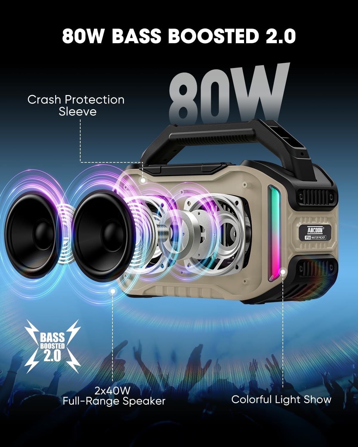 PARLANTE PORTÁTIL ANCOON BLUETOOTH 80W IPX6 RESISTENTE COLOR DESIERTO - 2