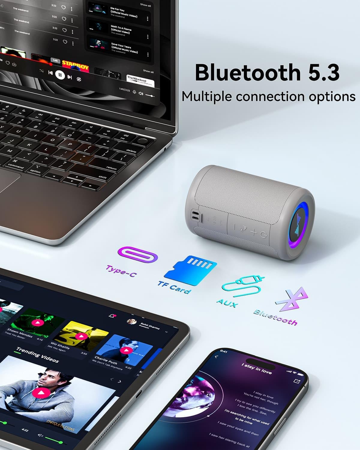 PARLANTE PORTÁTIL BLUETOOTH LENRUE PEQUEÑO CON LUCES Y SONIDO ESTÉREO TWS 30W - 5
