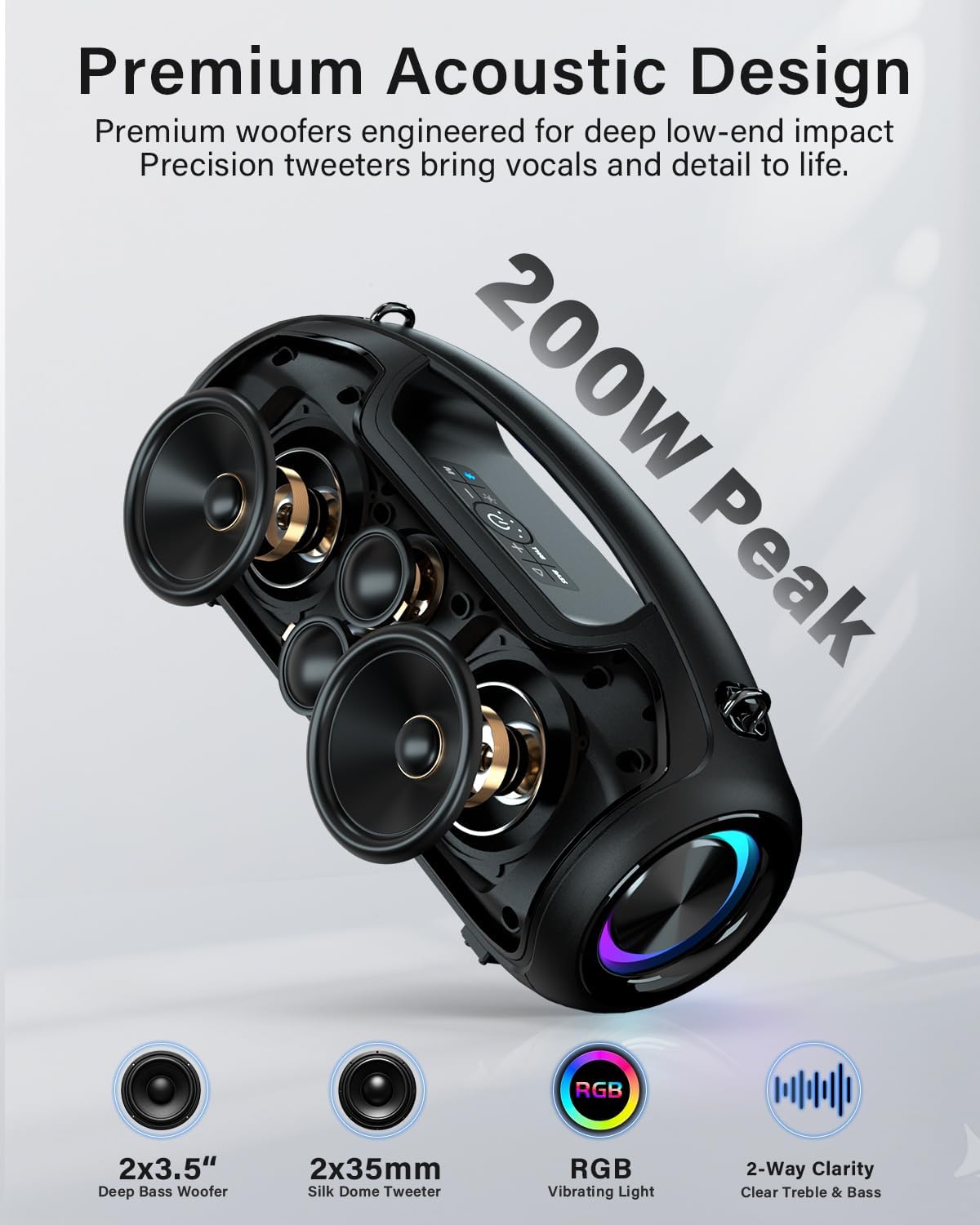 PARLANTE BLUETOOTH VUOPAX 200W PEAK NEGRO CON LOGO GRANDE - 2