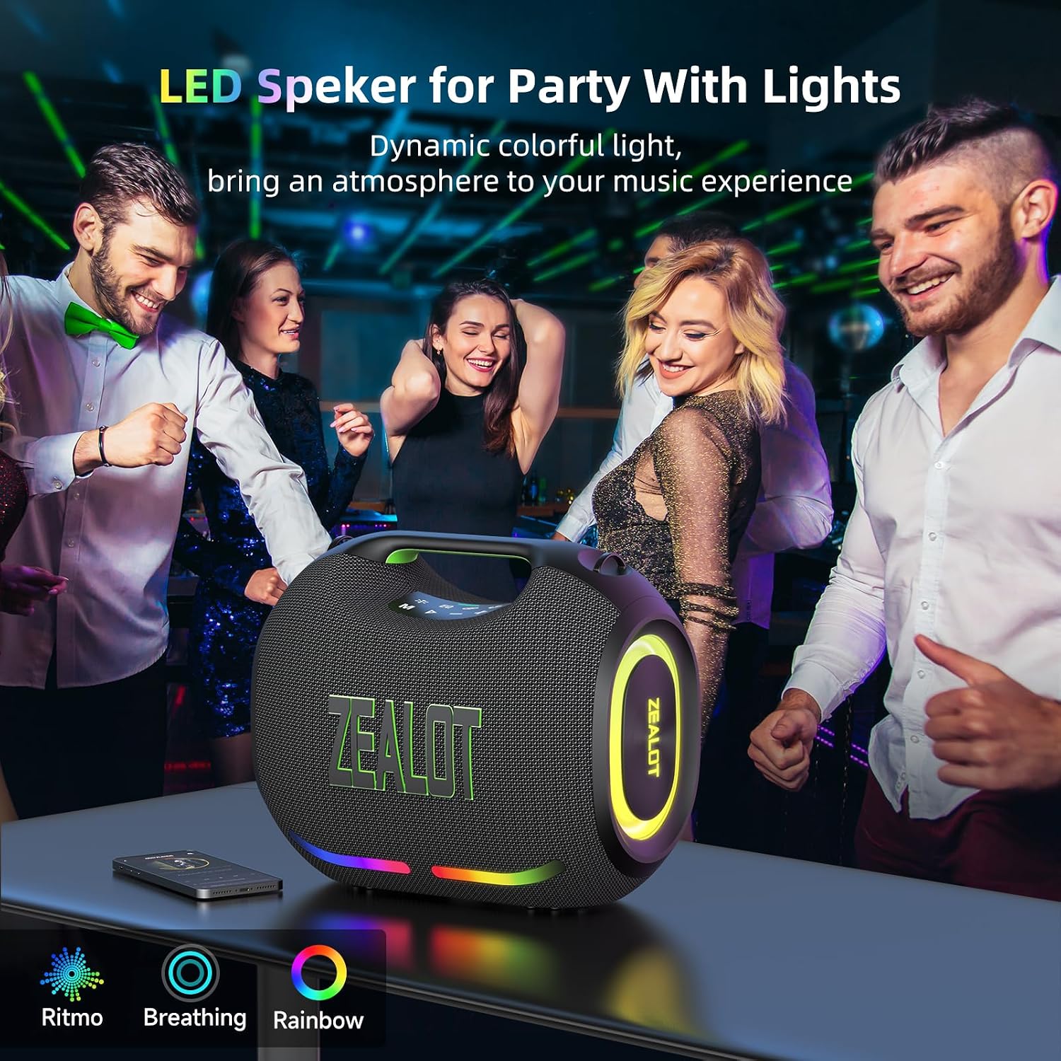 PARLANTE PORTÁTIL BLUETOOTH ZEALOT LOUD 180W CON LUZ LED - 2