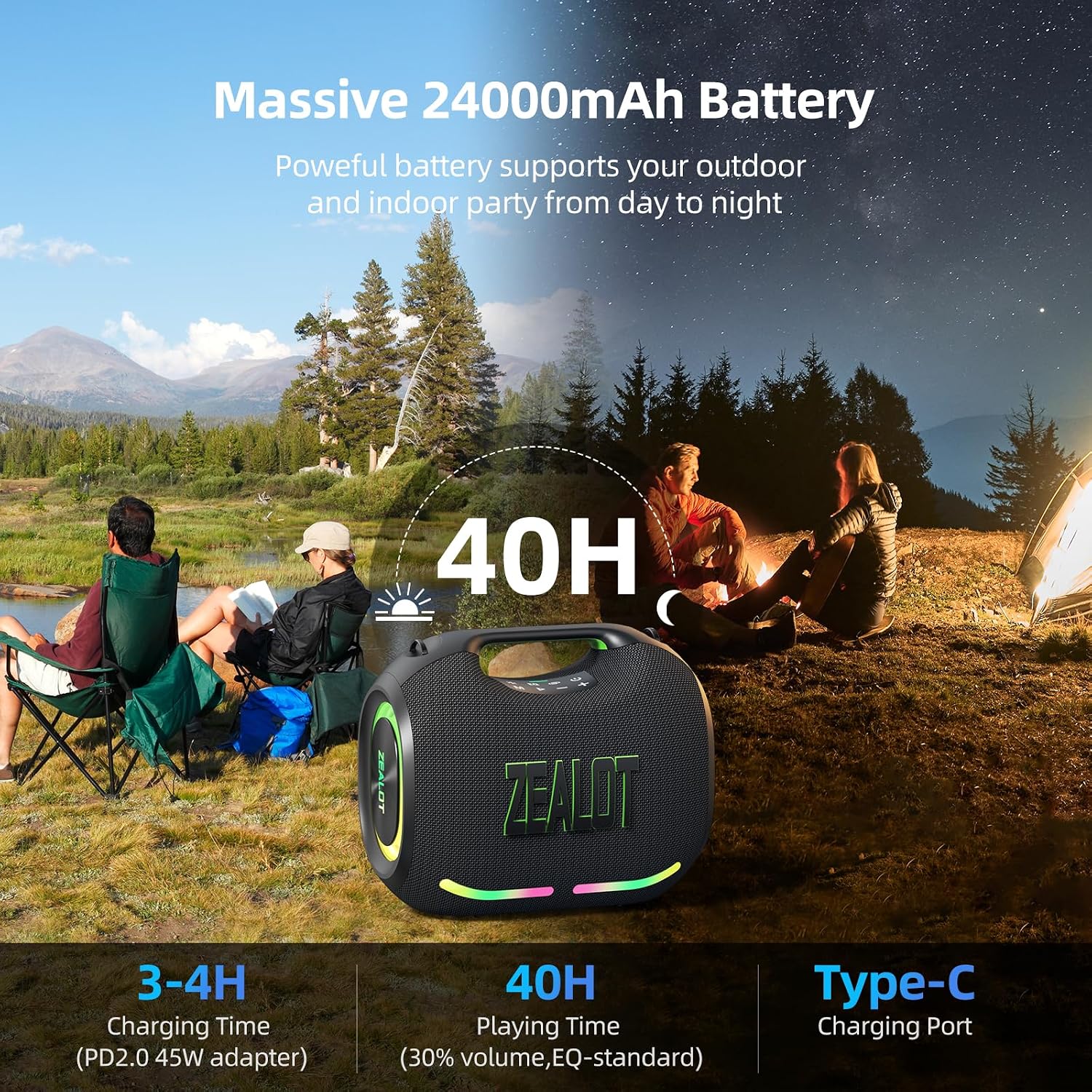 PARLANTE PORTÁTIL BLUETOOTH ZEALOT LOUD 180W CON LUZ LED - 3