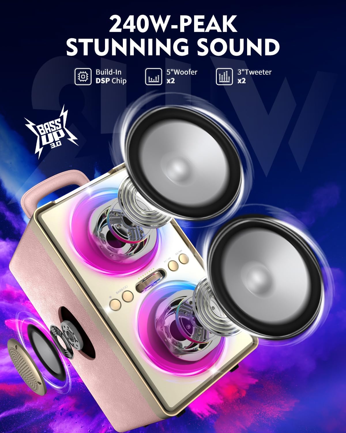 PARLANTE PORTÁTIL YIER BLUETOOTH 240W ROSA - 2