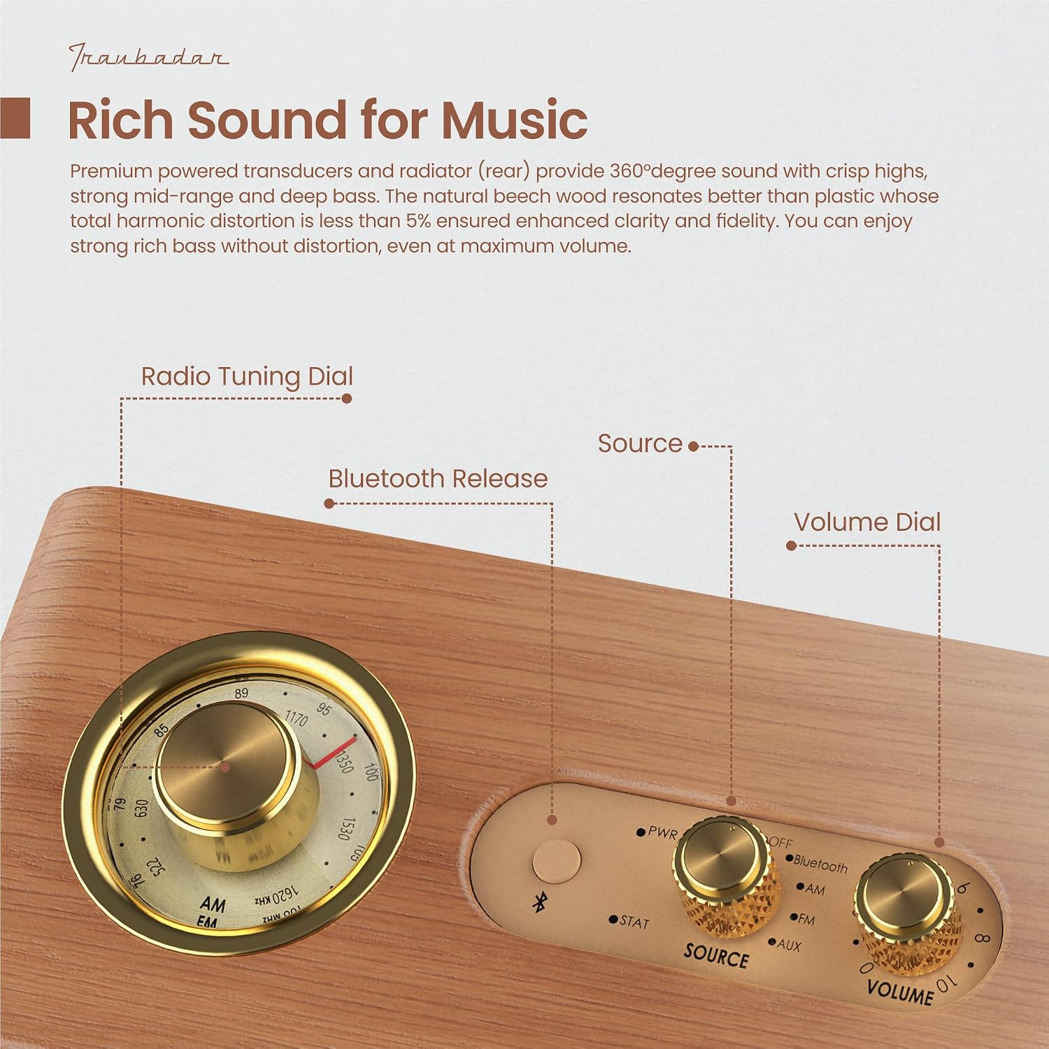 PARLANTE PORTÁTIL BLUETOOTH TRENBADER RETRO MADERA CON RADIO AM/FM - 3