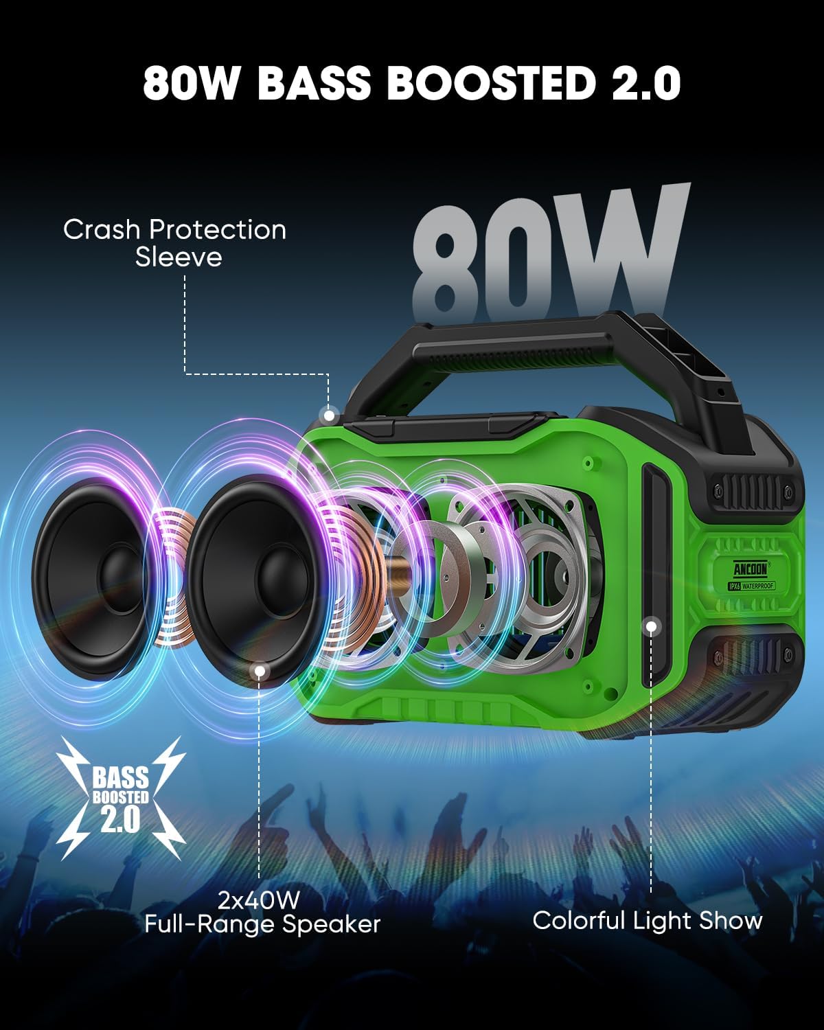 PARLANTE PORTÁTIL ANCOON BLUETOOTH 80W IPX6 VERDE - 2