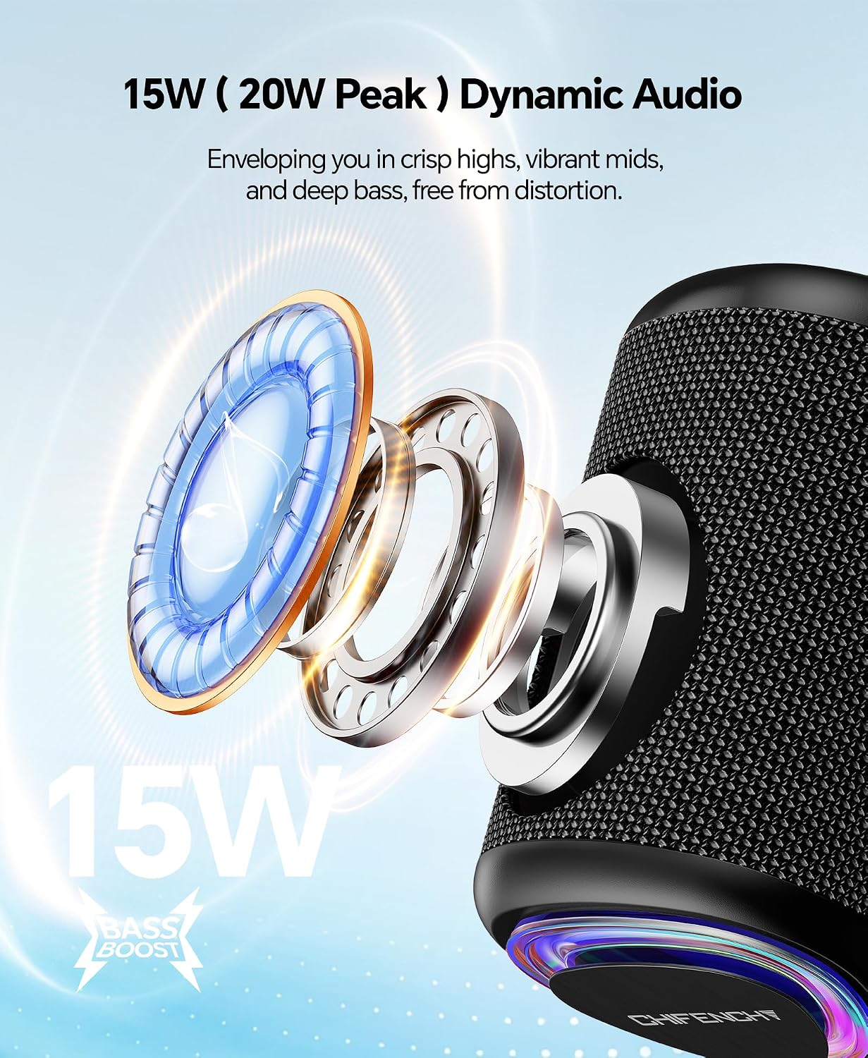 PARLANTE PORTÁTIL BLUETOOTH CHIFENCHY PULSESOUND IMPERMEABLE 15W - 2