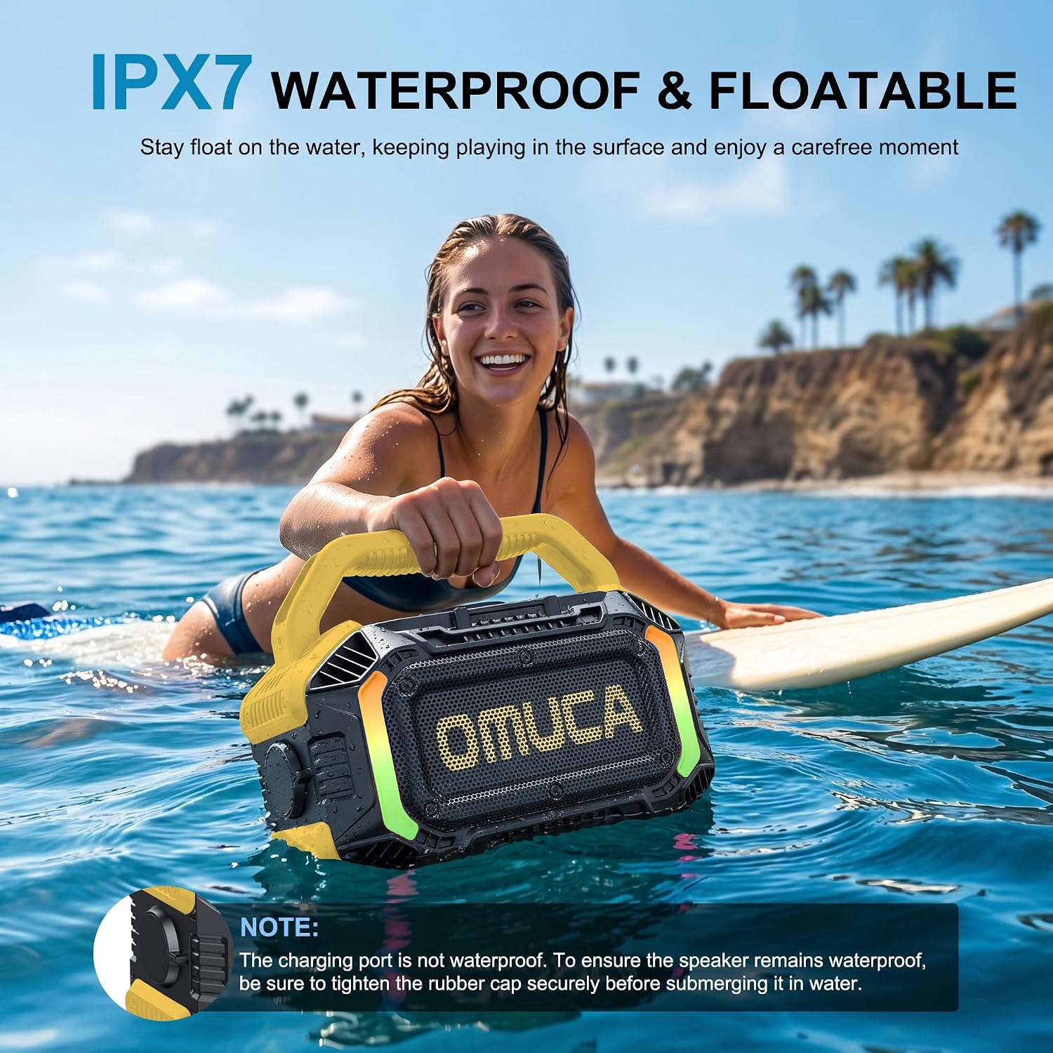 PARLANTE BLUETOOTH PORTÁTIL OMUCA 100W AMARILLO IPX7 FLOTANTE - 4