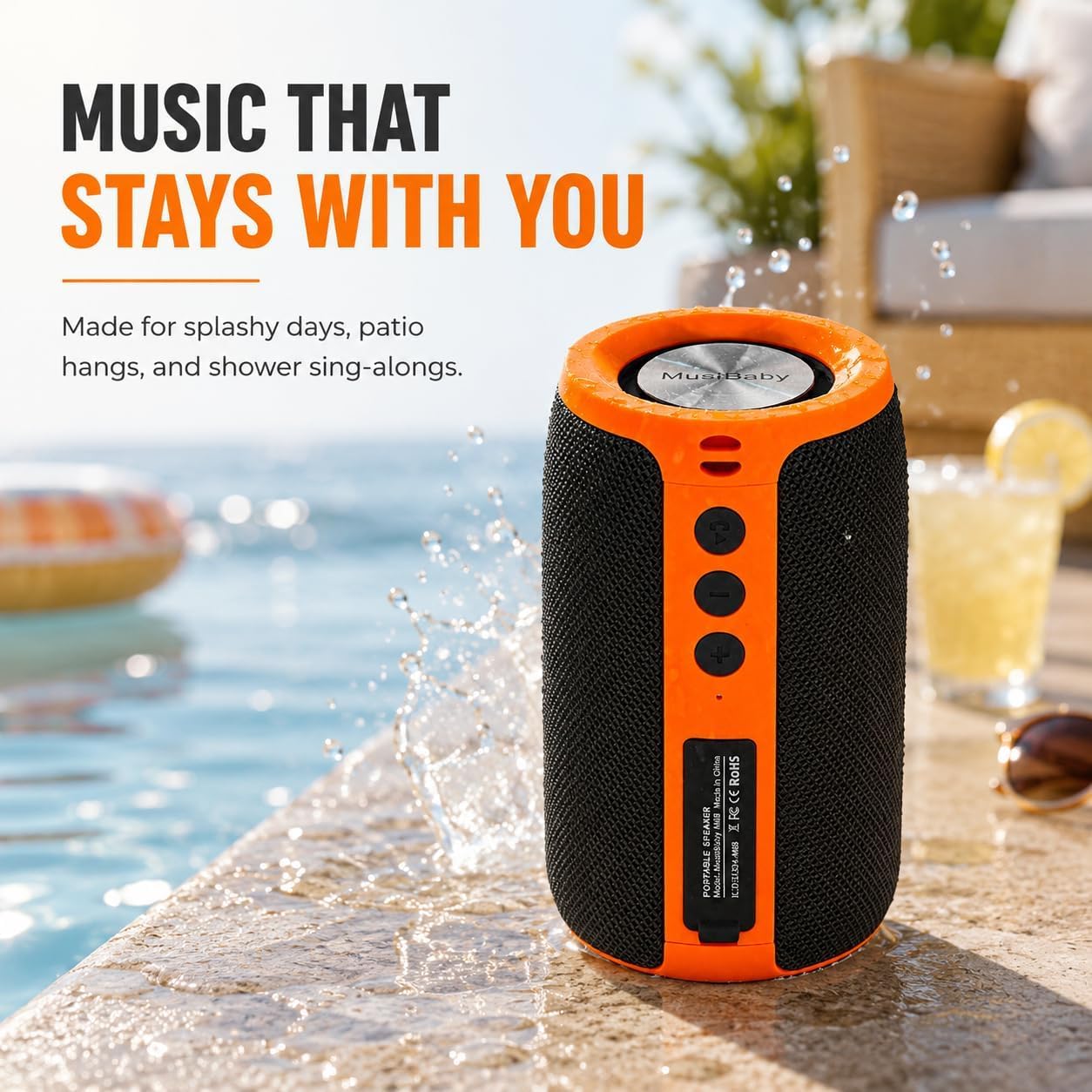 PARLANTE BLUETOOTH MUSIBABY M68 12W IPX5 NARANJA Y NEGRO - 4