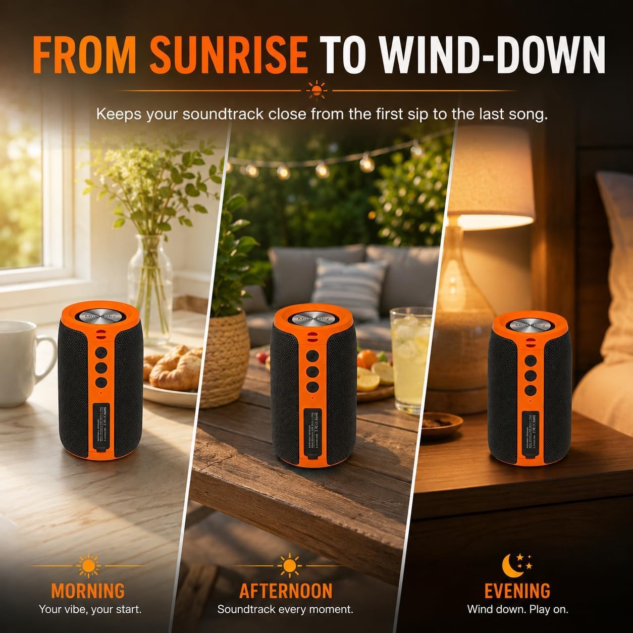 PARLANTE BLUETOOTH MUSIBABY M68 12W IPX5 NARANJA Y NEGRO - 5
