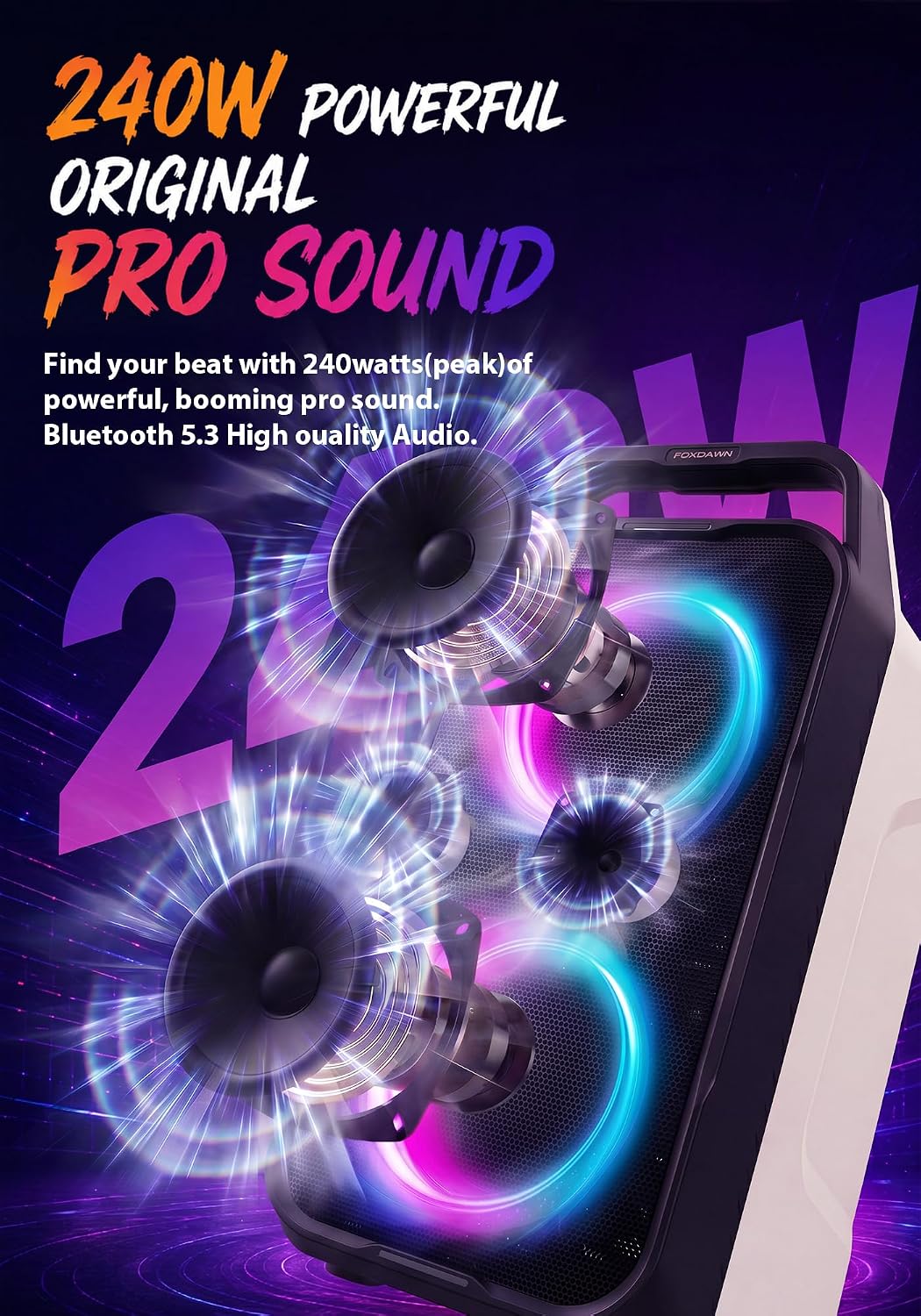 PARLANTE PORTÁTIL FOXDAWN PARTY BLUETOOTH 240W CON GRAVES PROFUNDOS - 2
