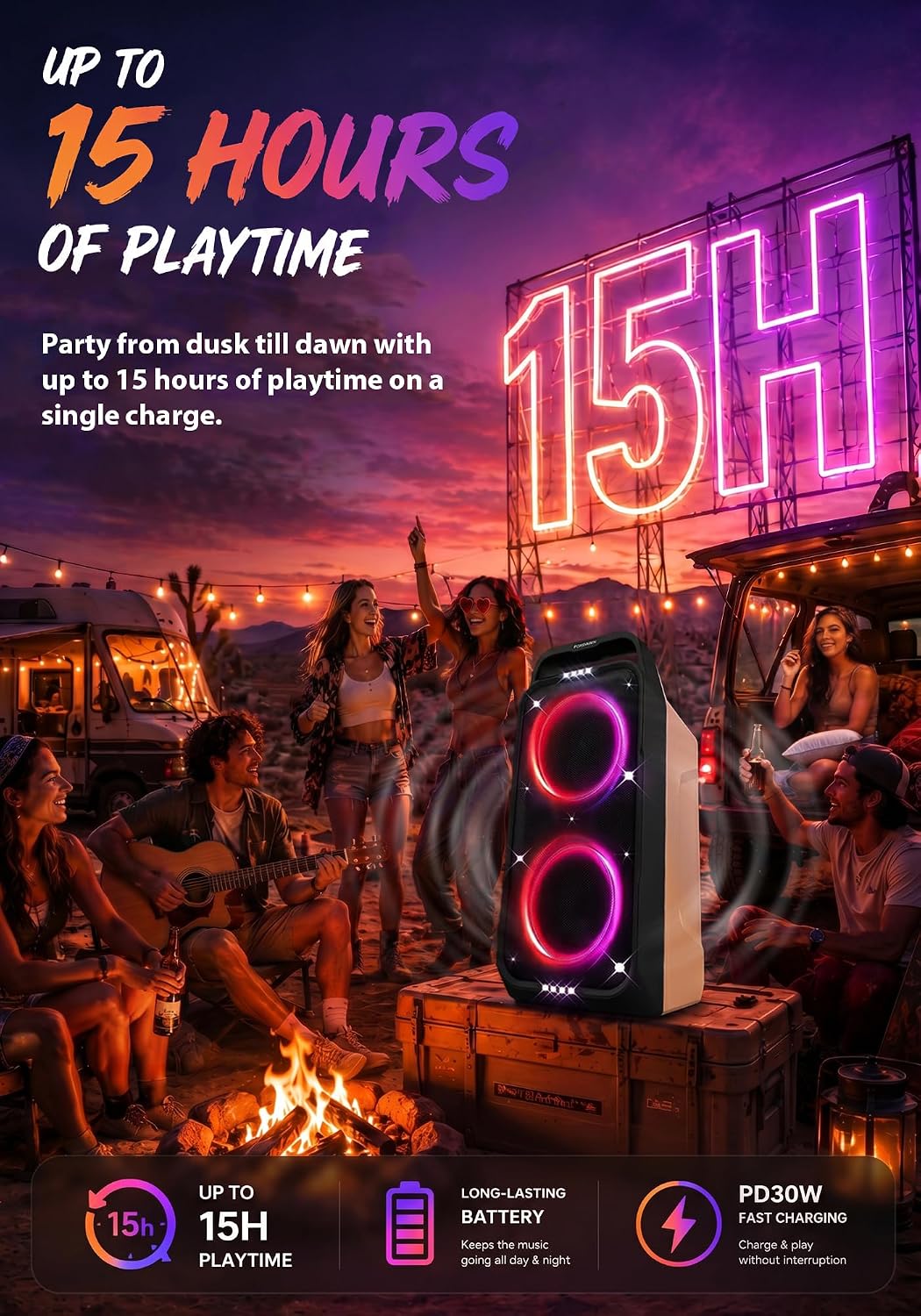 PARLANTE PORTÁTIL FOXDAWN PARTY BLUETOOTH 240W CON GRAVES PROFUNDOS - 4