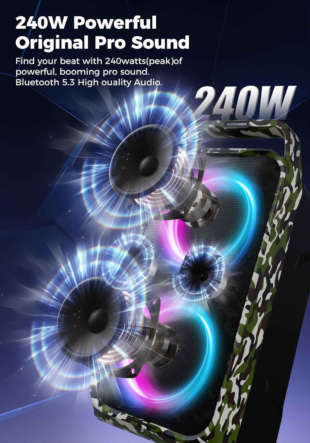 PARLANTE PORTÁTIL FOXDAWN BLUETOOTH 240W CON SUBWOOFER Y LUCES LED - 2