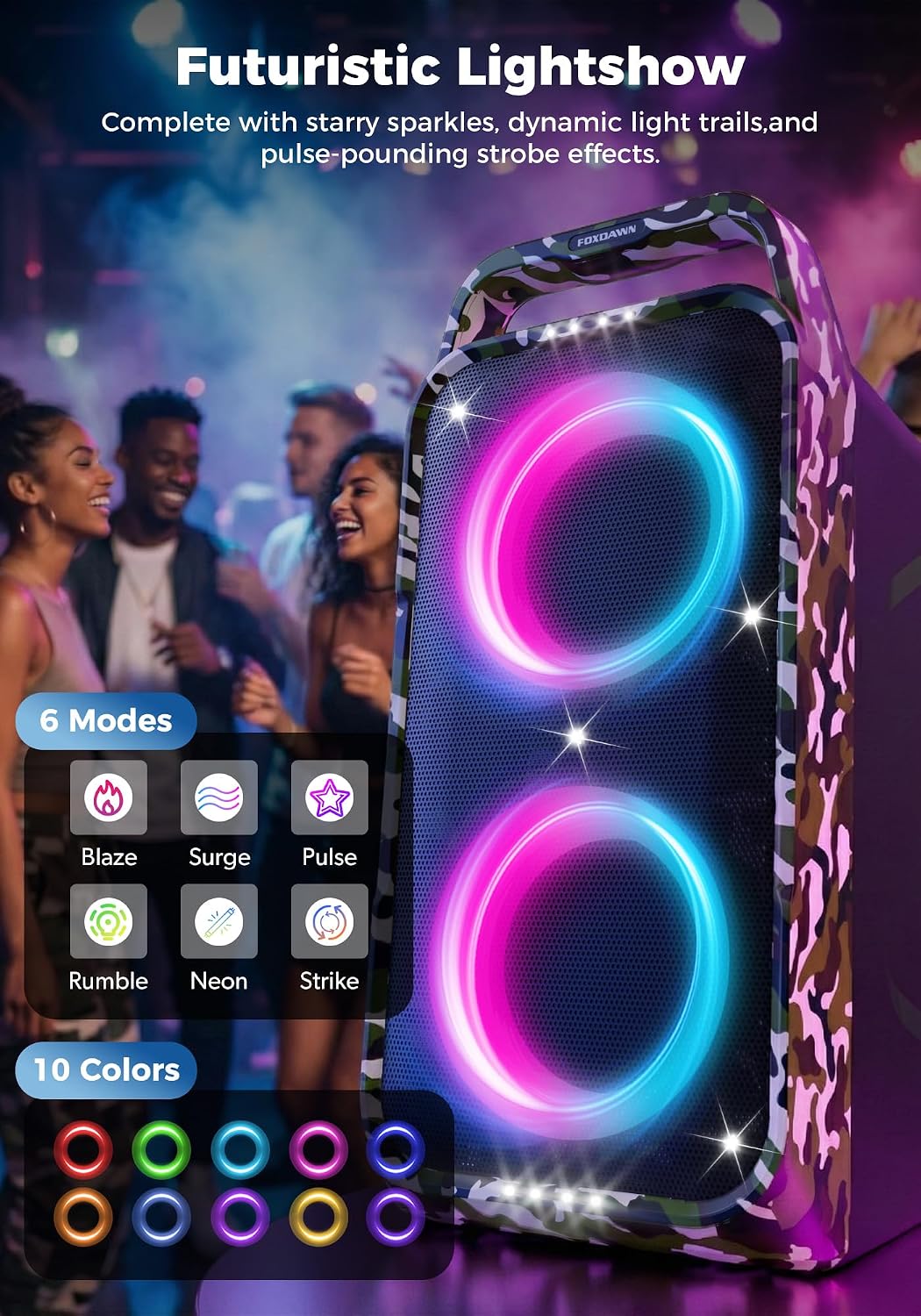 PARLANTE PORTÁTIL FOXDAWN BLUETOOTH 240W CON SUBWOOFER Y LUCES LED - 3