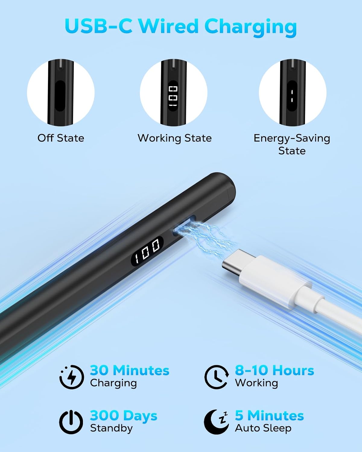 LÁPIZ STYLUS MOKO PARA IPAD 2018-2026 CON CARGA USB-C Y PANTALLA LED - 5
