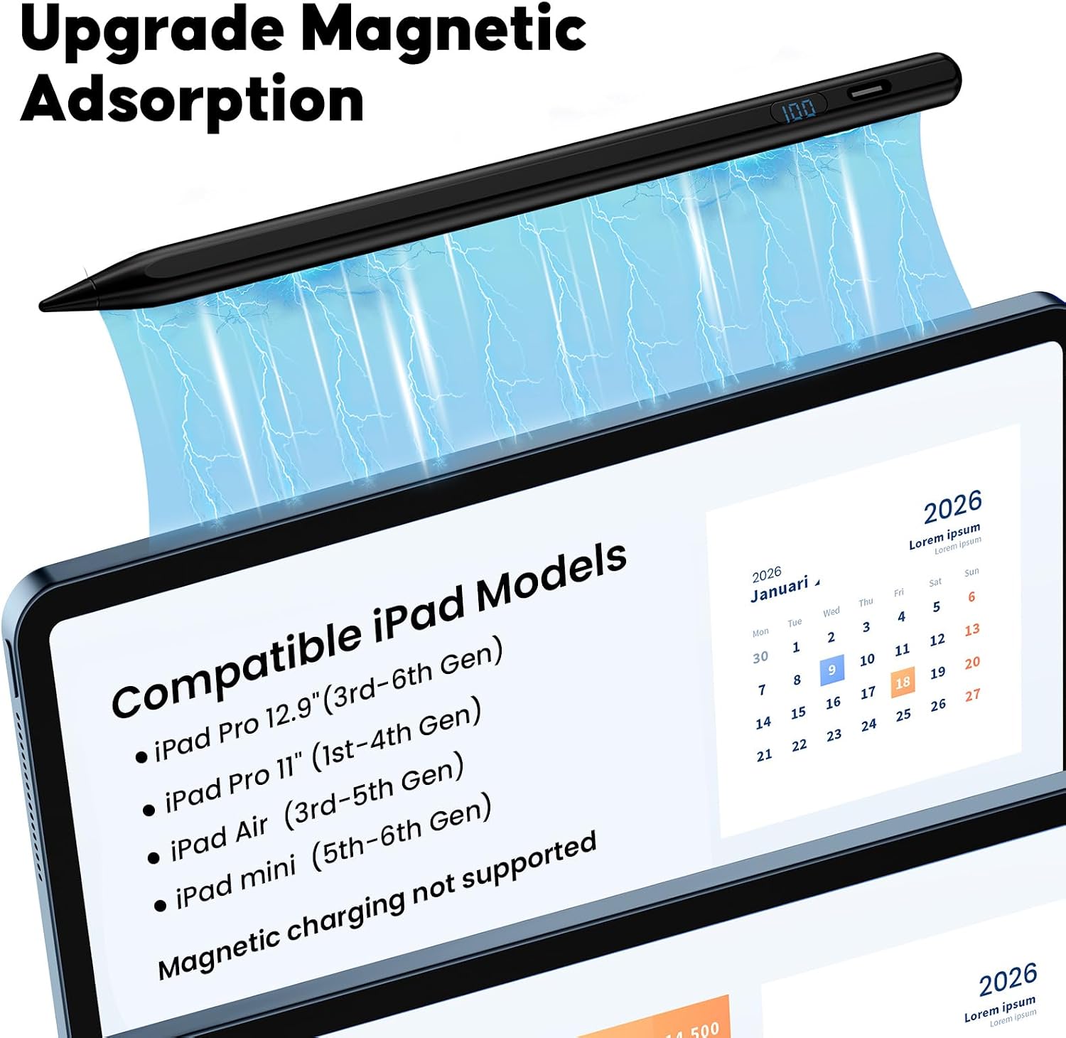 LÁPIZ PARA IPAD A-PCE PENCIL 2018-2026 CARGA RÁPIDA CON PANTALLA LED NEGRO - 4