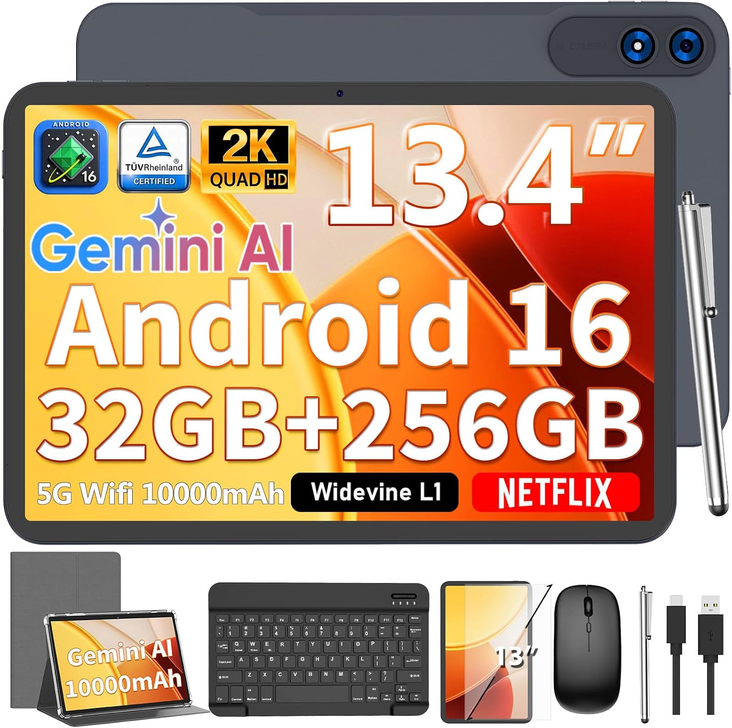 TABLET 13 PULGADAS QDDQ 2026 GEMINI AI ANDROID 16 CON TECLADO Y ESTUCHE PLATEADO - 1