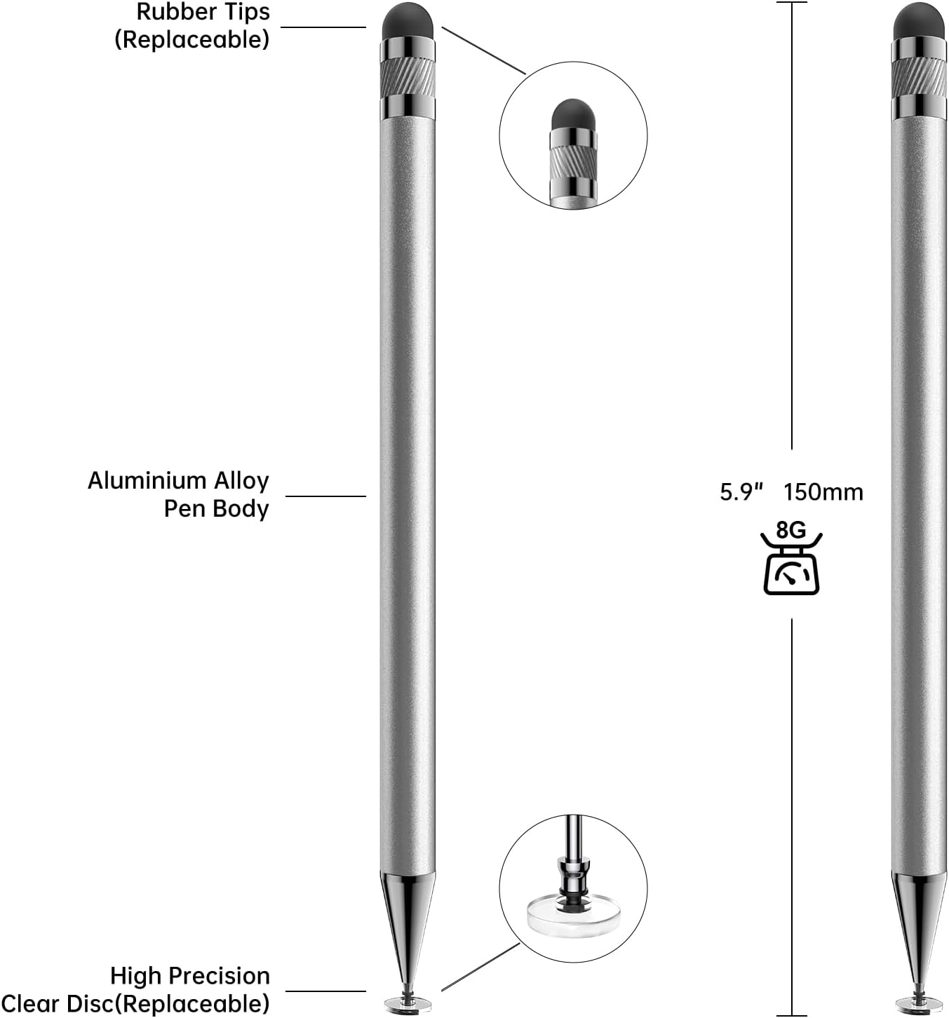 LÁPIZ TÁCTIL BOPOMOFO STYLUS 5 UNIDADES PLATEADO 2 EN 1 - 2