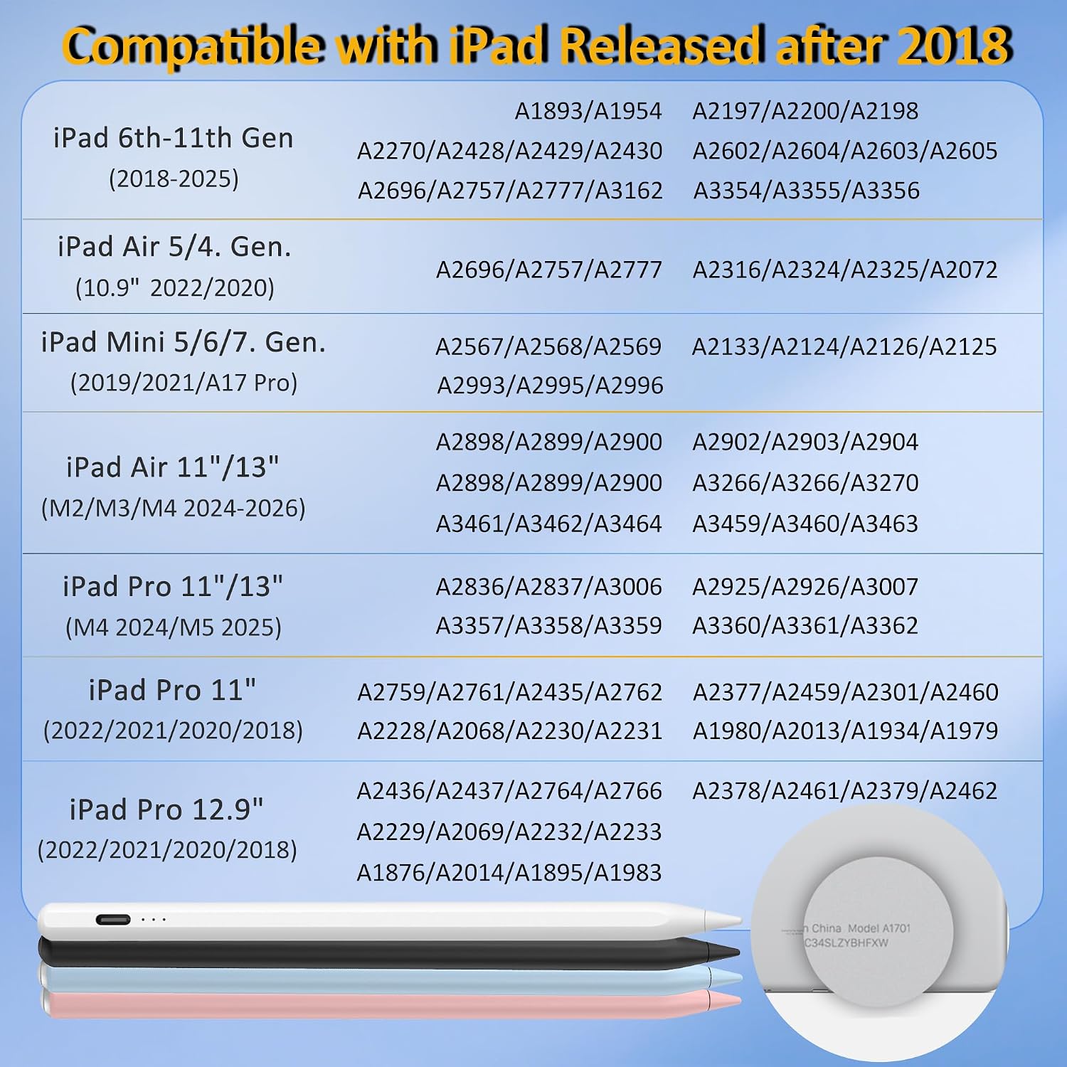 LÁPIZ STYLUS XIRON PARA IPAD 2018-2026 CARGA RÁPIDA 15 MIN SENSIBILIDAD INCLINACIÓN PLATA-BLANCO - 2