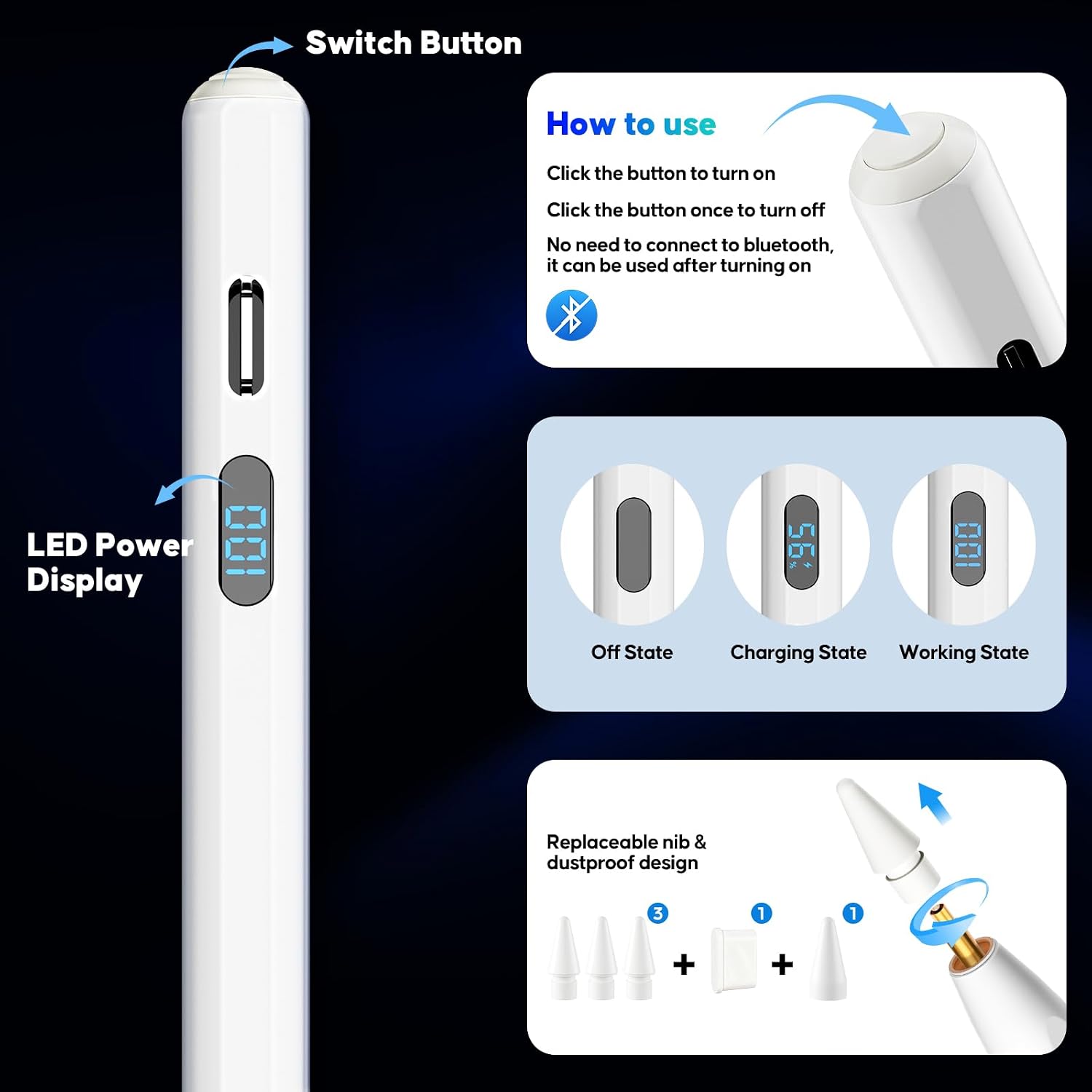 LÁPIZ PARA IPAD A-PCE PENCIL 2018-2026 CARGA RÁPIDA CON PANTALLA LED BLANCO - 3