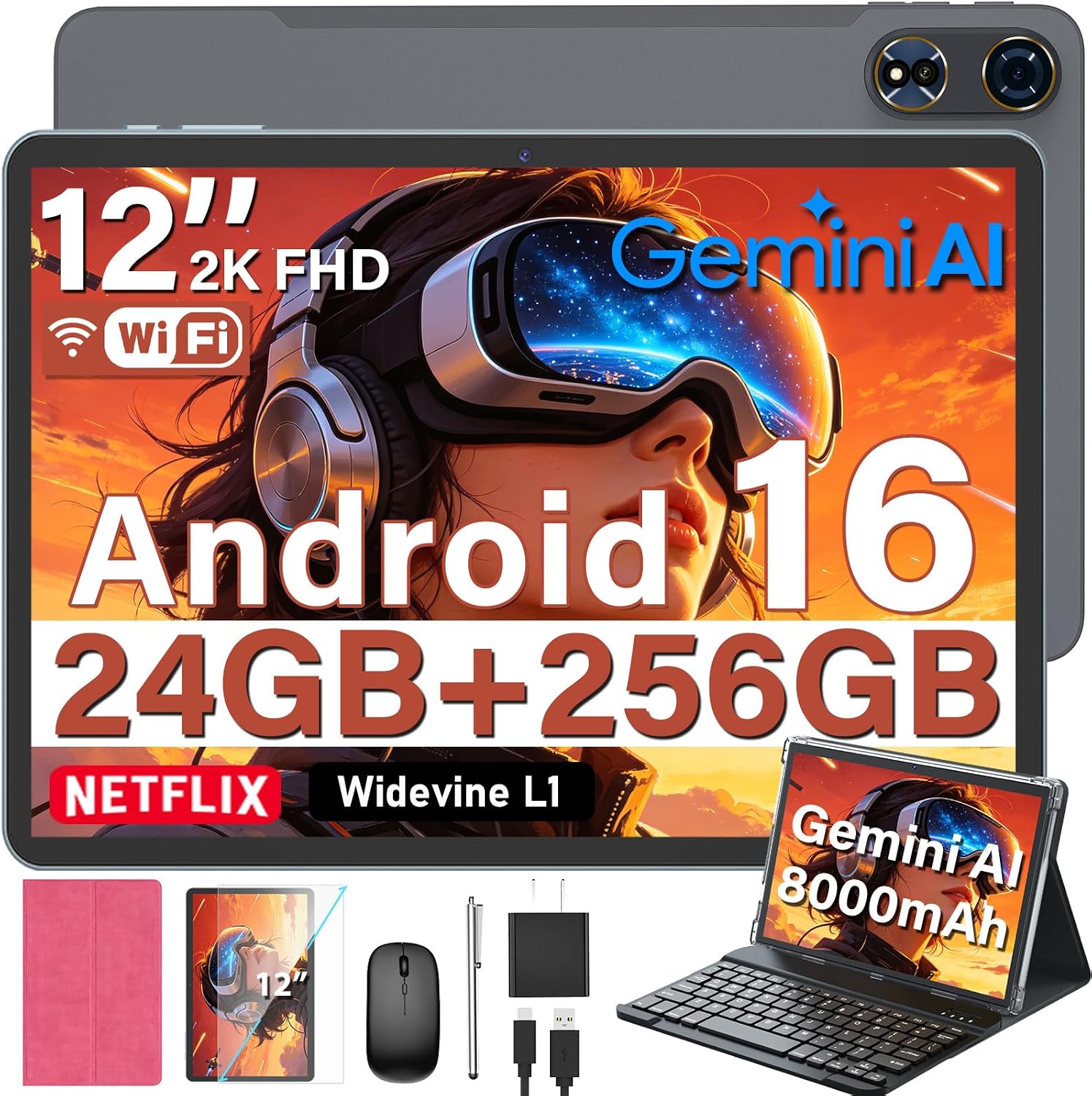 TABLET YLEEBG 12 PULGADAS ANDROID 16 CON TECLADO 24GB RAM 256GB ROM EXPANDIBLE 2TB ROSA - 1
