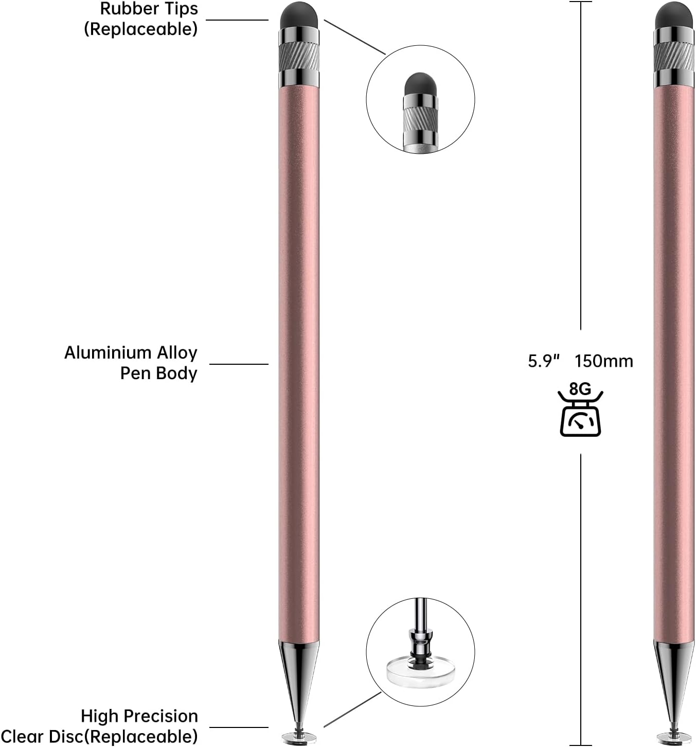 LÁPIZ TÁCTIL BOPOMOFO STYLUS 5 UNIDADES ROSE GOLD 2 EN 1 - 2