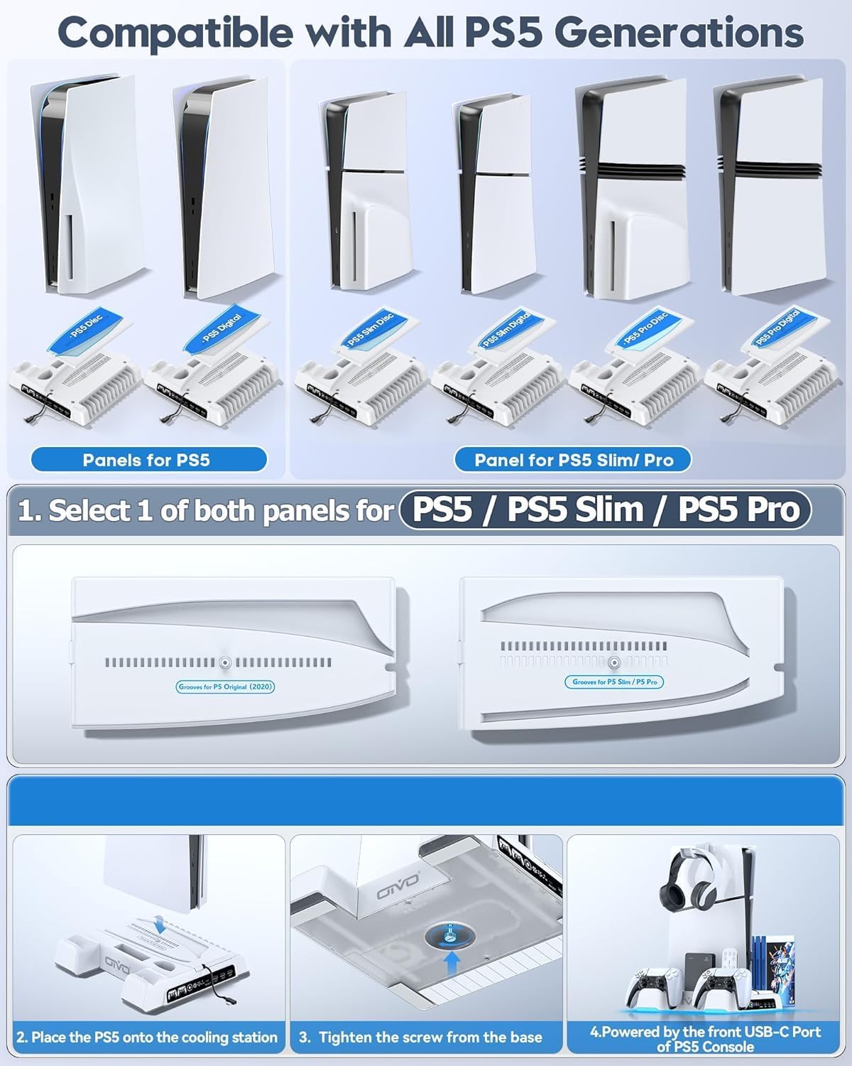 BASE CON VENTILADOR Y ESTACIÓN DE CARGA PARA PS5 OIVO CON 3 NIVELES DE VENTILACIÓN Y PUERTOS USB - 2