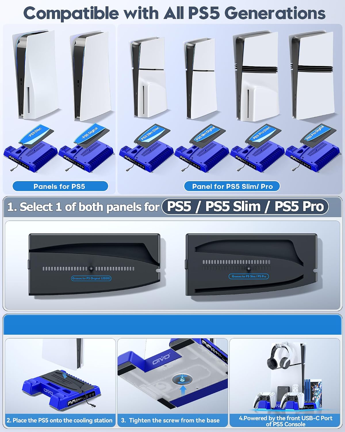 BASE Y ESTACIÓN DE ENFRIAMIENTO CON CARGADOR LED PARA PS5/SLIM/PRO OIVO AZUL - 2