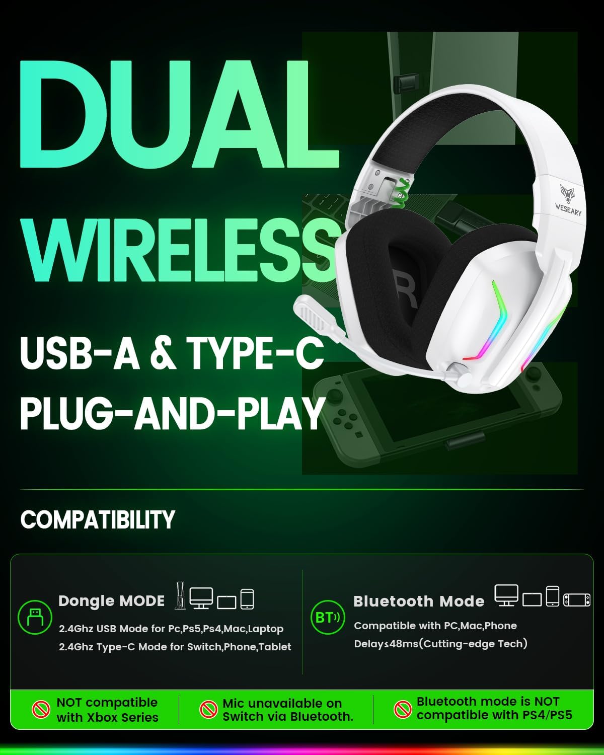 AUDÍFONOS INALÁMBRICOS PARA GAMING WESEARY WG1 CON MICRÓFONO PARA PS5, PS4, PC, SONIDO 3D - 2