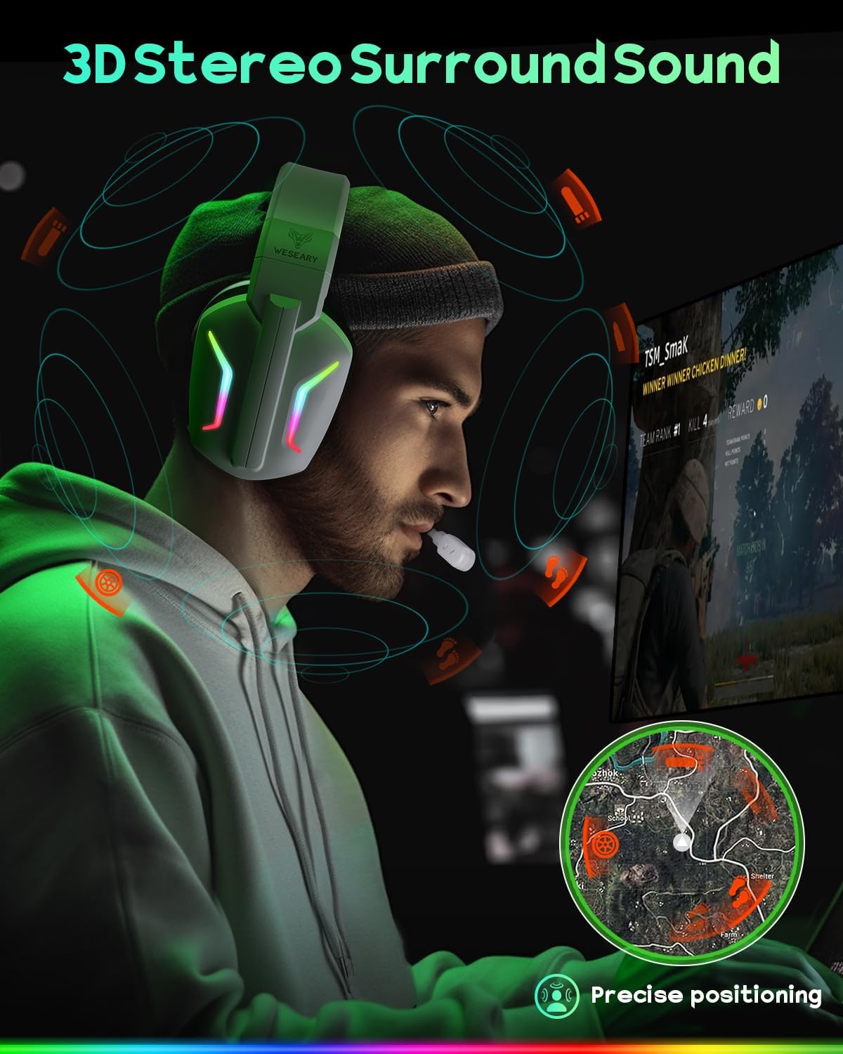 AUDÍFONOS INALÁMBRICOS PARA GAMING WESEARY WG1 CON MICRÓFONO PARA PS5, PS4, PC, SONIDO 3D - 3
