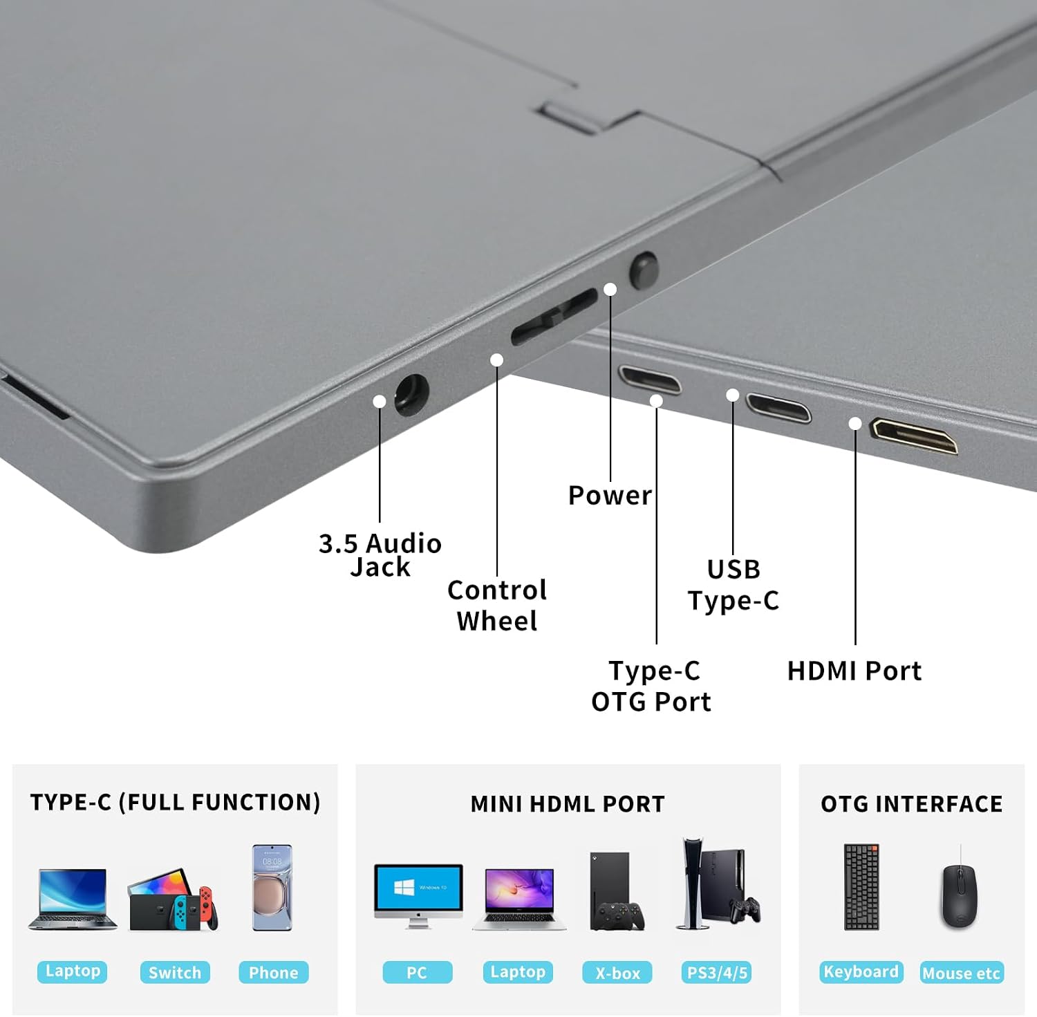 MONITOR PORTÁTIL EONVIEW 13.3 PULGADAS 1200P IPS USB-C Y HDMI - 5