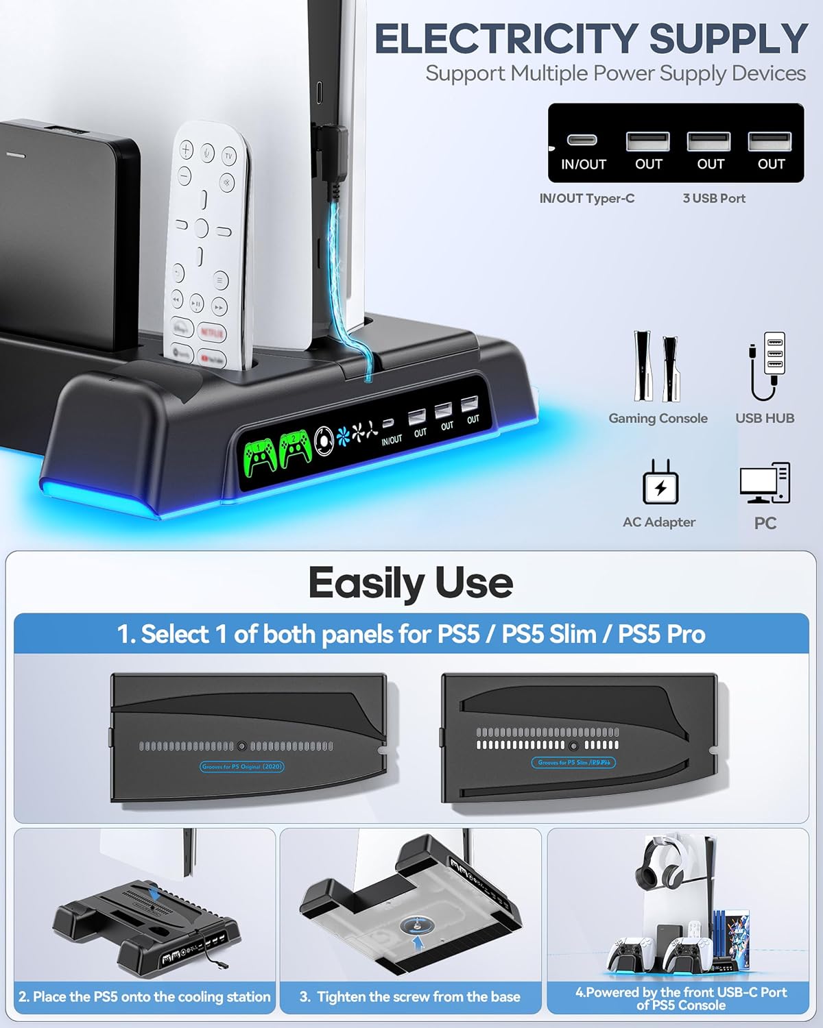 BASE Y ESTACIÓN DE ENFRIAMIENTO Y CARGA PARA PS5/SLIM/PRO OIVO NEGRA - 5