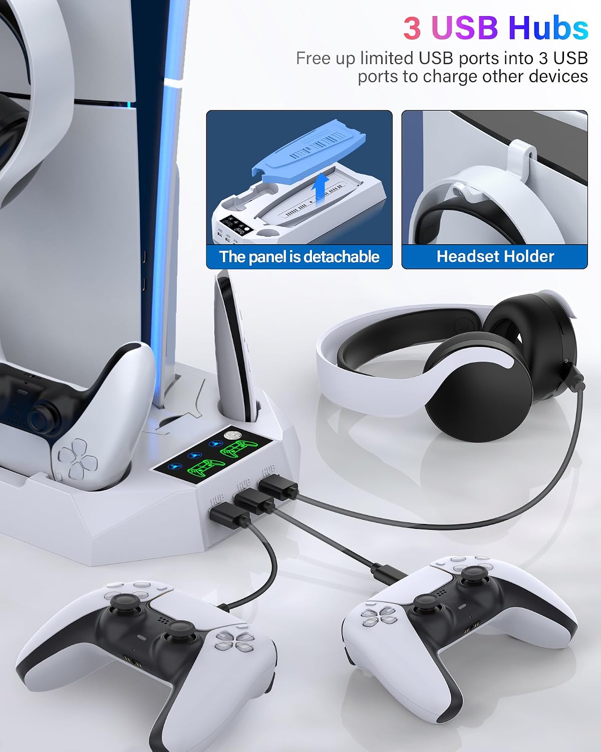 BASE Y ESTACIÓN DE ENFRIAMIENTO Y CARGA DUAL PARA CONTROLES PS5 CYKOARMOR BLANCA - 5