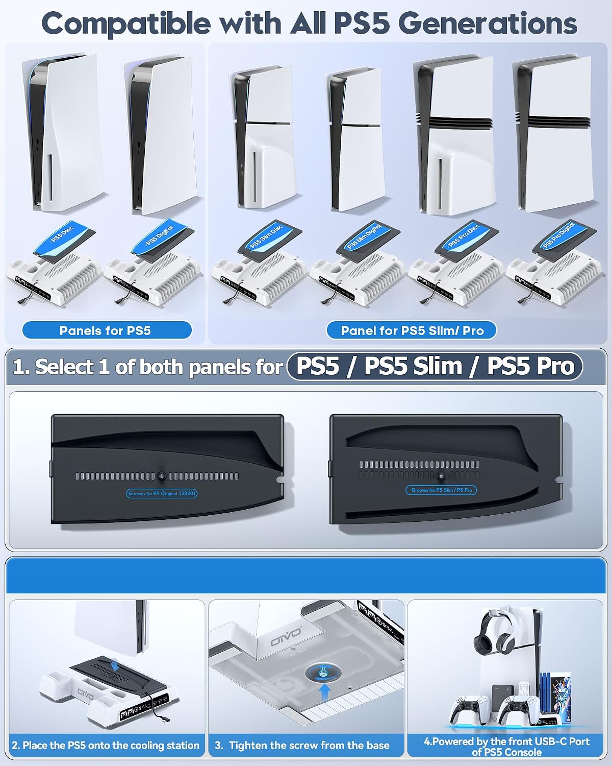 BASE Y ESTACIÓN DE ENFRIAMIENTO OIVO PARA PS5/SLIM/PRO CON CARGADOR LED PARA CONTROLES - 2
