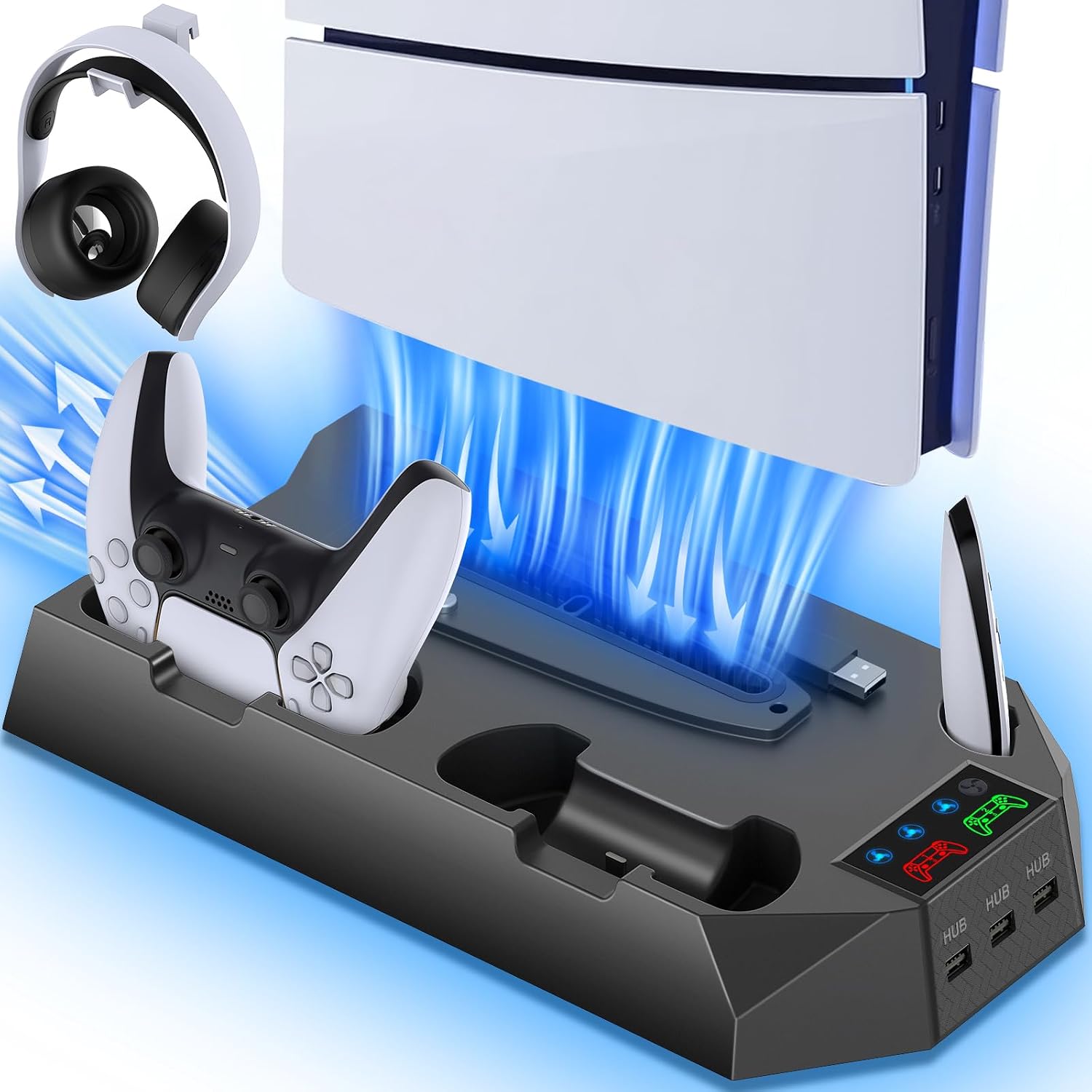 BASE CON VENTILADOR Y CARGADOR PARA CONTROLES PS5 CYKOARMOR NEGRO - 1