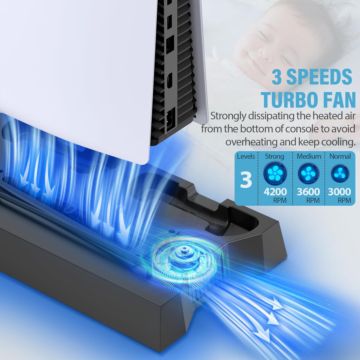 BASE CON VENTILADOR Y CARGADOR PARA CONTROLES PS5 CYKOARMOR NEGRO - 3