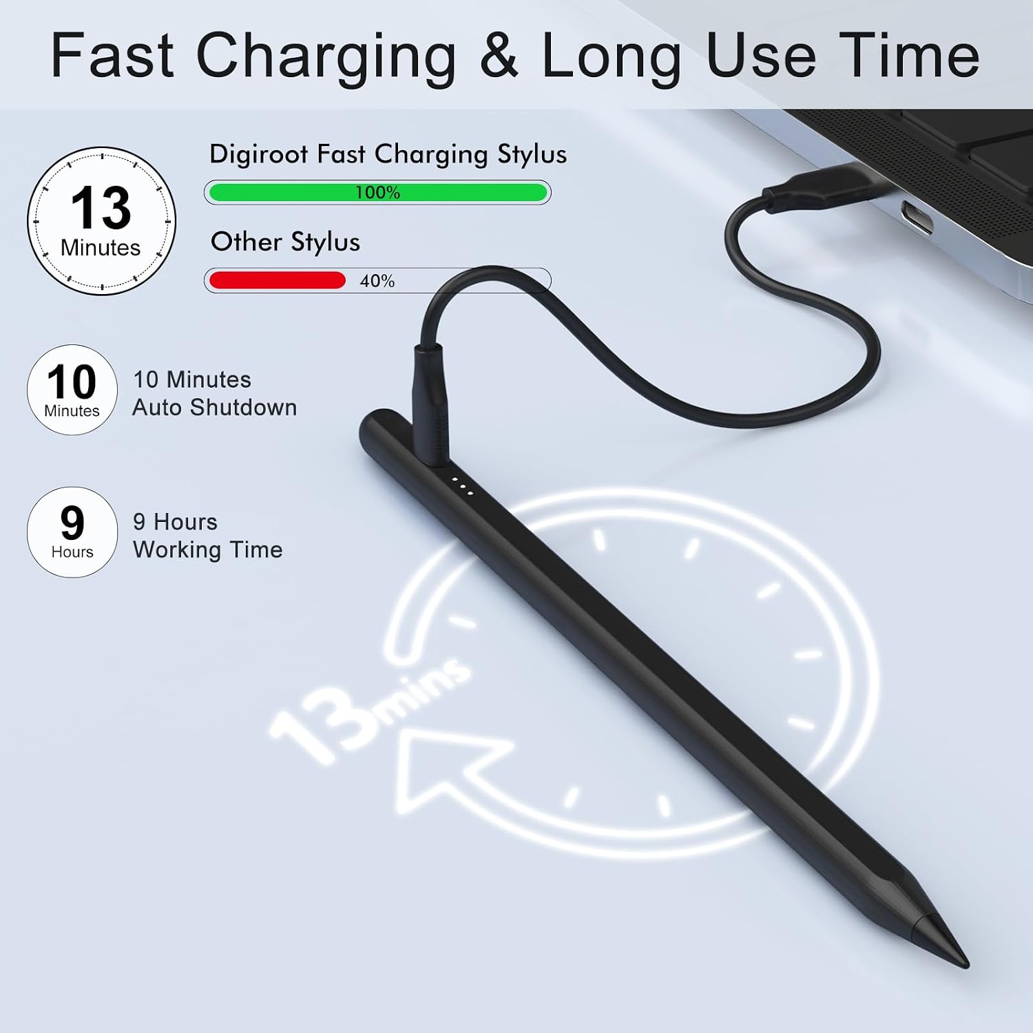 LÁPIZ STYLUS DIGIROOT PARA IPAD NEGRO CARGA RÁPIDA 13 MIN - 3