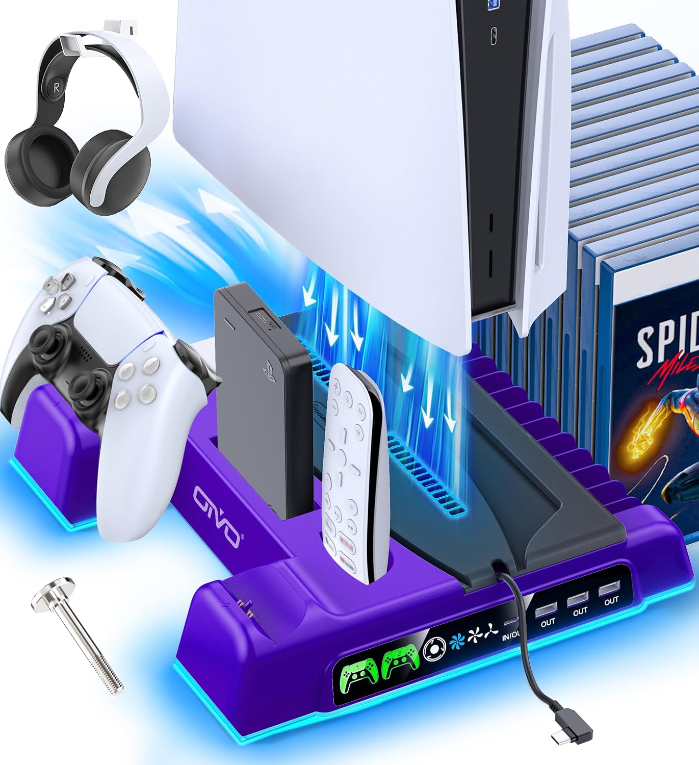 BASE Y ESTACIÓN DE ENFRIAMIENTO CON CARGADOR LED PARA PS5/SLIM/PRO OIVO MORADO - 1