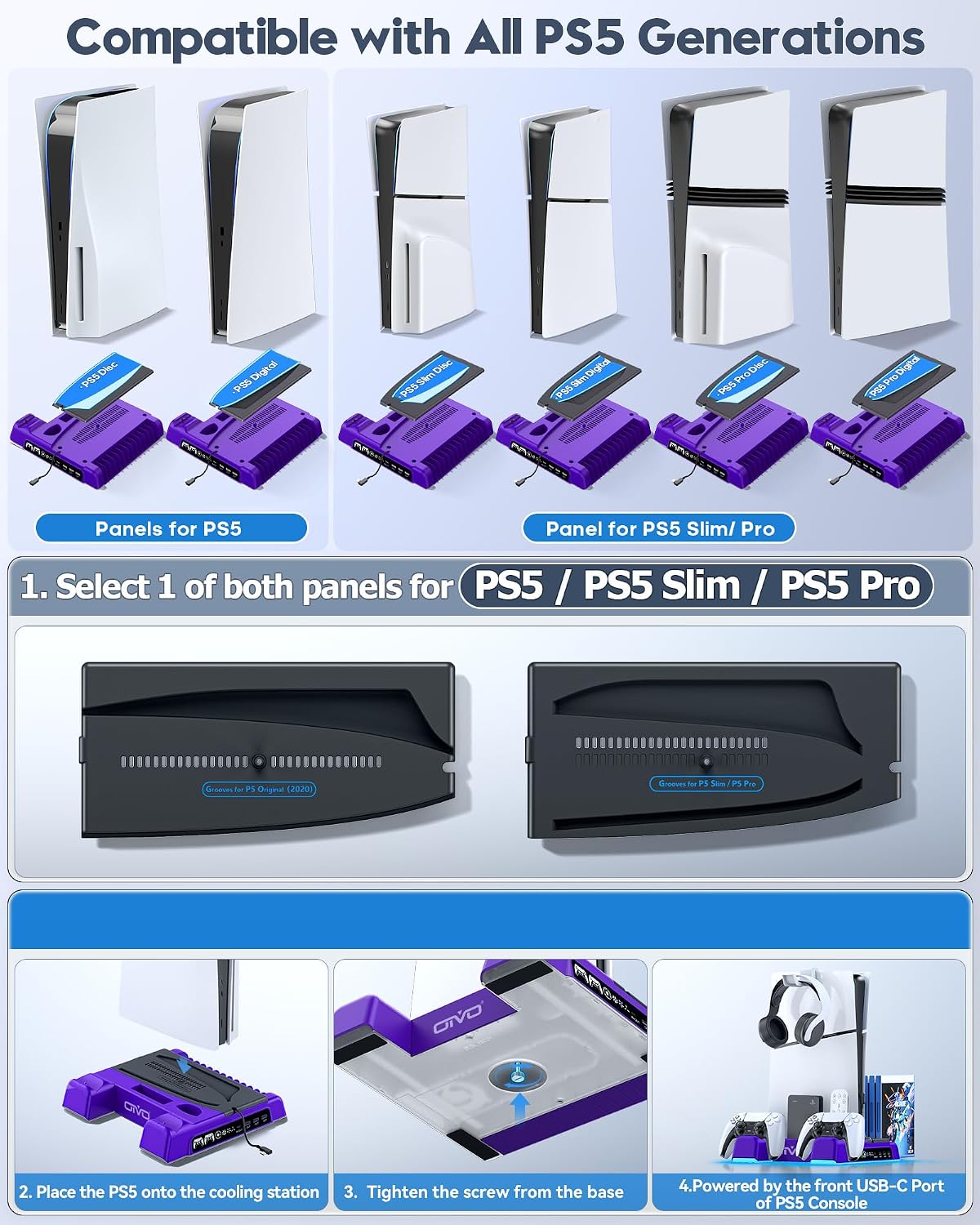 BASE Y ESTACIÓN DE ENFRIAMIENTO CON CARGADOR LED PARA PS5/SLIM/PRO OIVO MORADO - 2