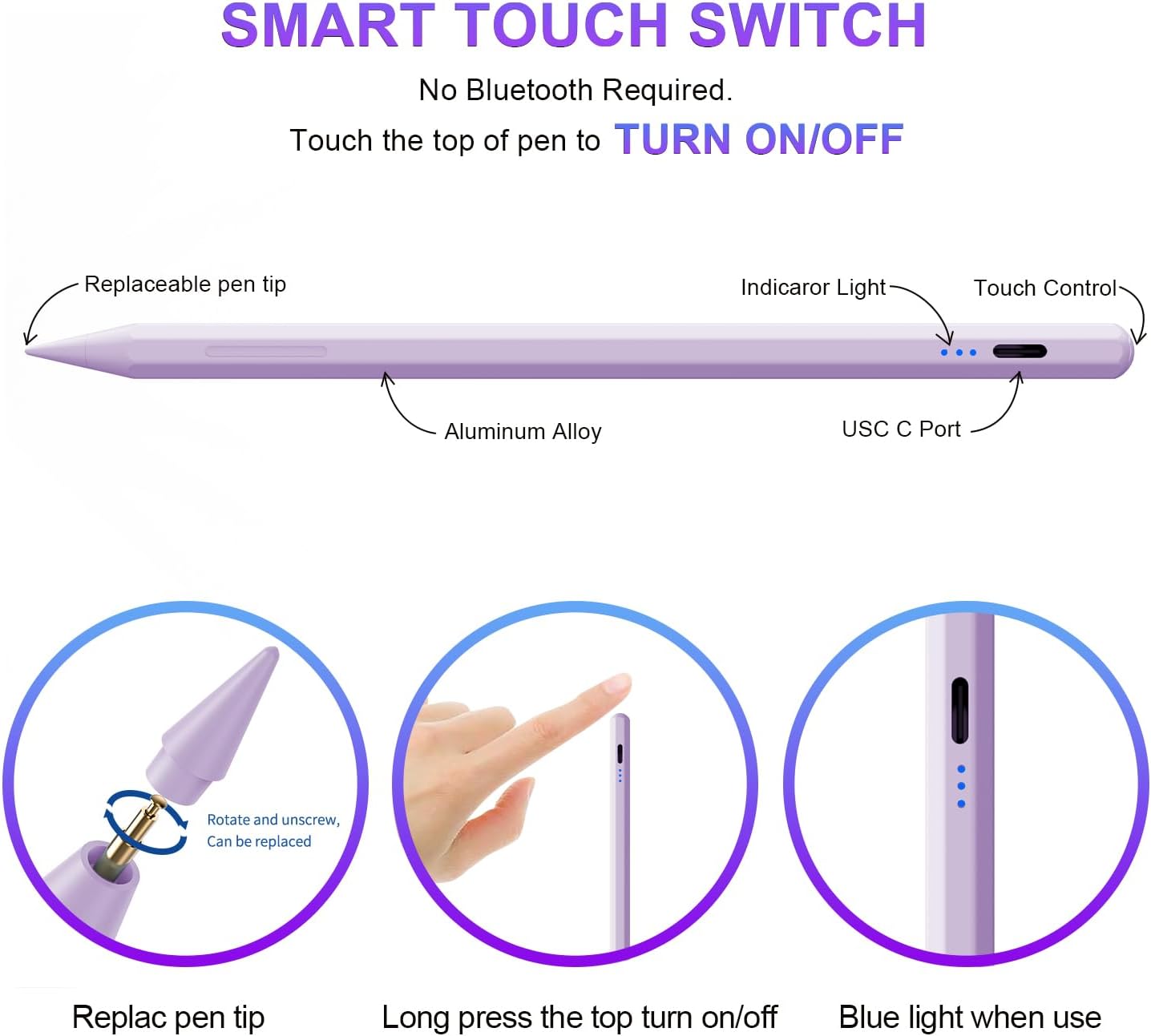 LÁPIZ STYLUS AIJUES PARA IPAD 6ª-11ª GENERACIÓN CARGA RÁPIDA Y RECHAZO DE PALMA - 3