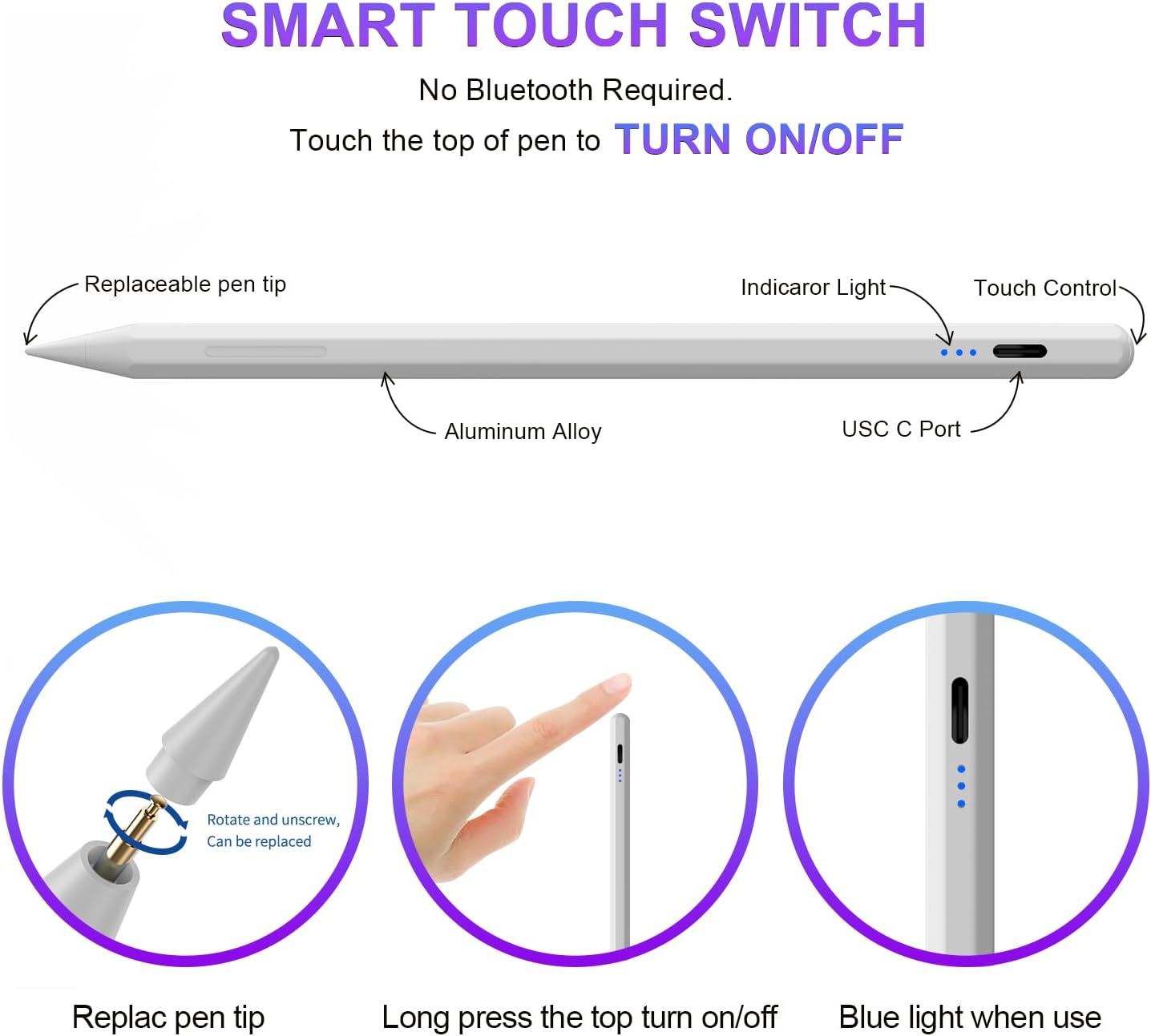 LÁPIZ STYLUS AIJUES PARA IPAD 6ª-11ª GENERACIÓN CARGA RÁPIDA Y RECHAZO DE PALMA - 3