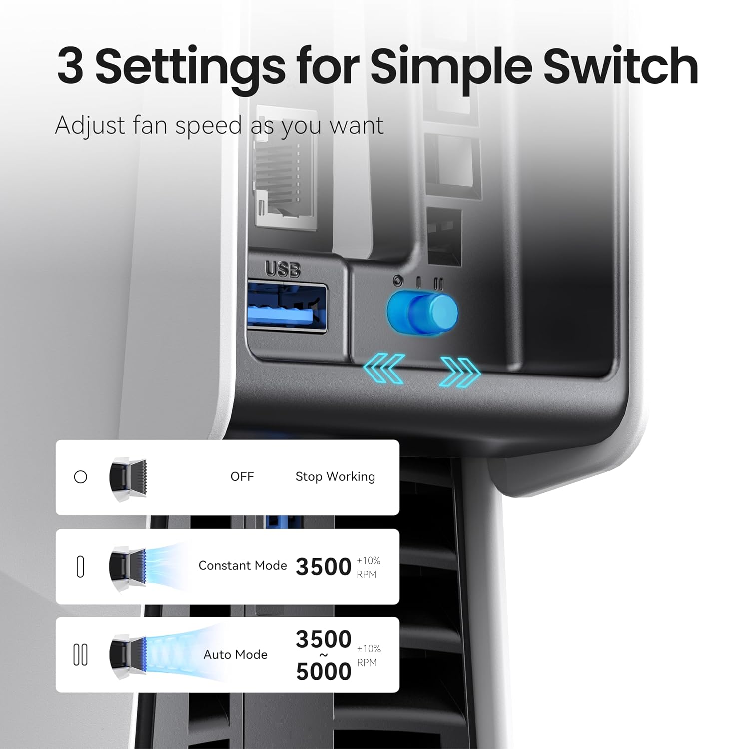 VENTILADOR DE ENFRIAMIENTO KIWIHOME PARA PS5 SLIM 3 VENTILADORES CON VELOCIDAD AUTOMÁTICA USB 3.0 - 4