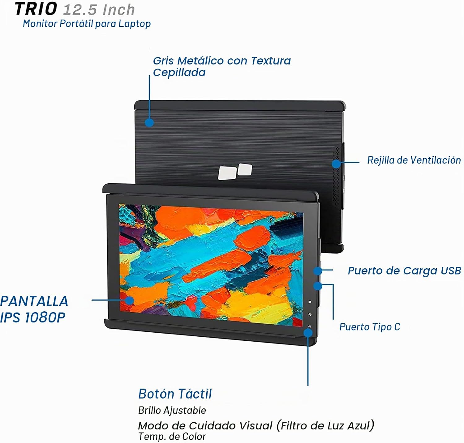 MONITOR PORTÁTIL TRIO 12.5' FULL HD IPS PARA LAPTOPS CON CONEXIÓN USB A/TYPE-C - 2