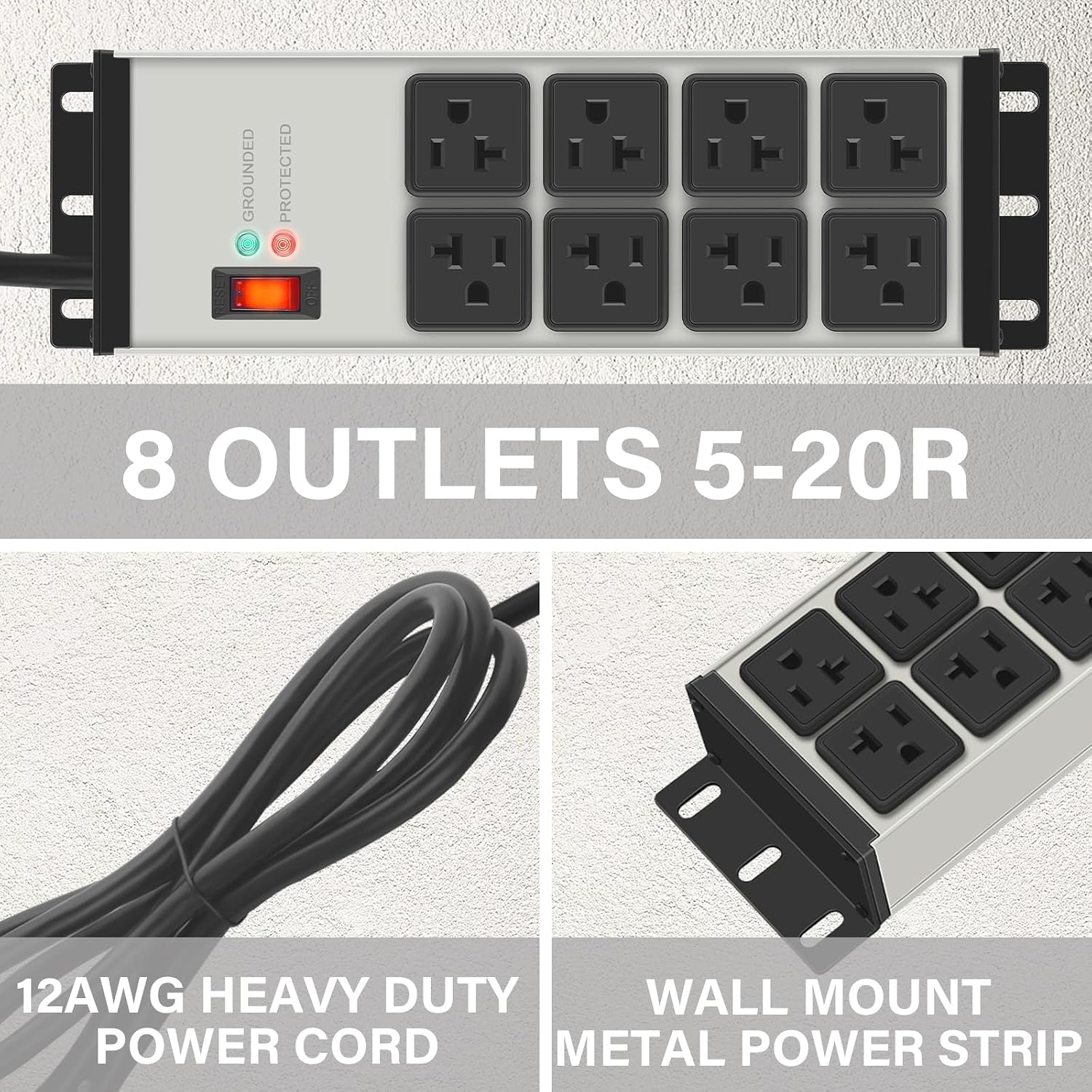 REGLETA ELÉCTRICA CCCEI 12 GAUGE 8 TOMAS GRIS 1.8 M - 3